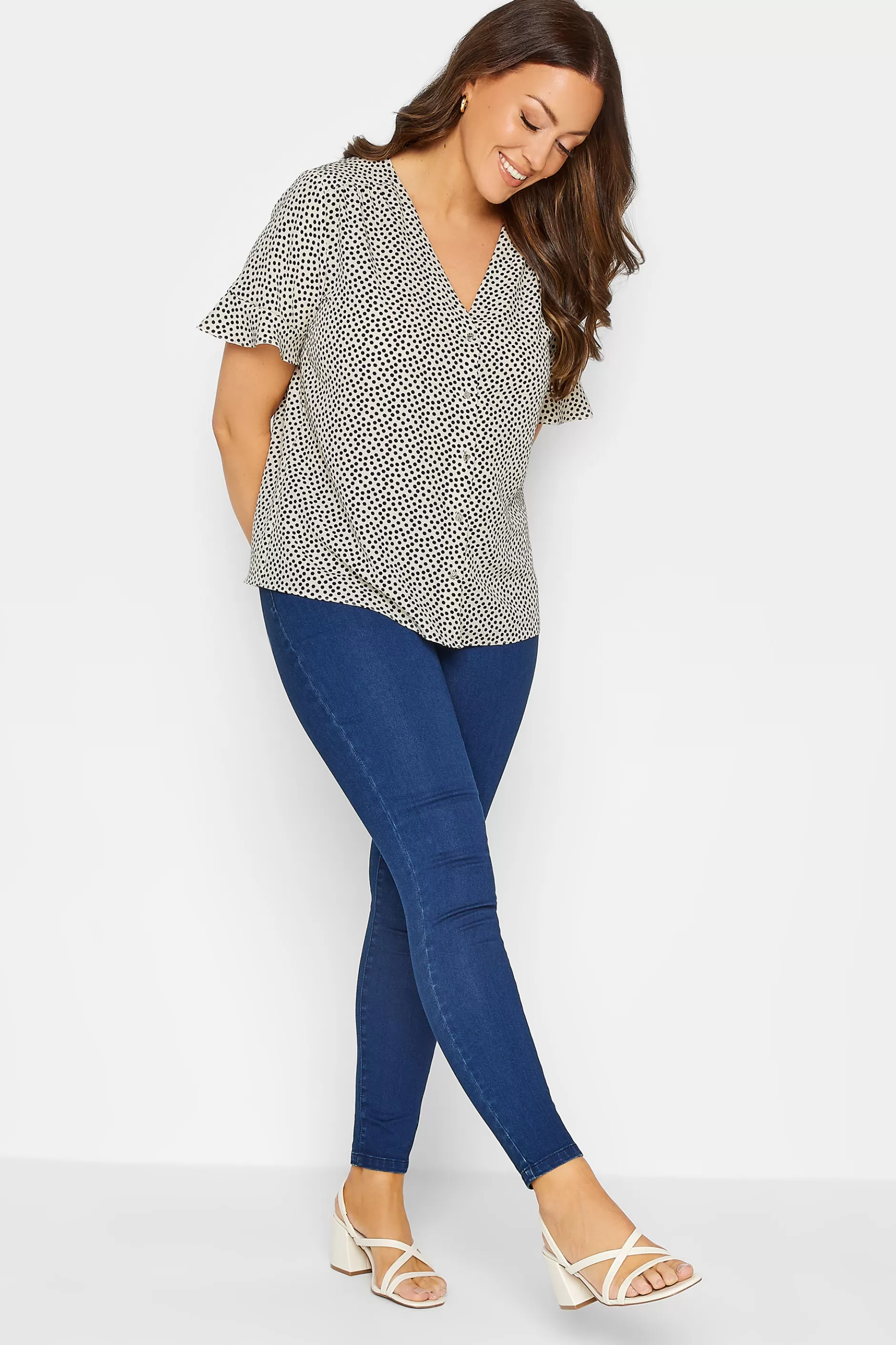 Women M&Co Short Sleeve Tops> Womens White Spot Print Frill Sleeve Button Through Blouse