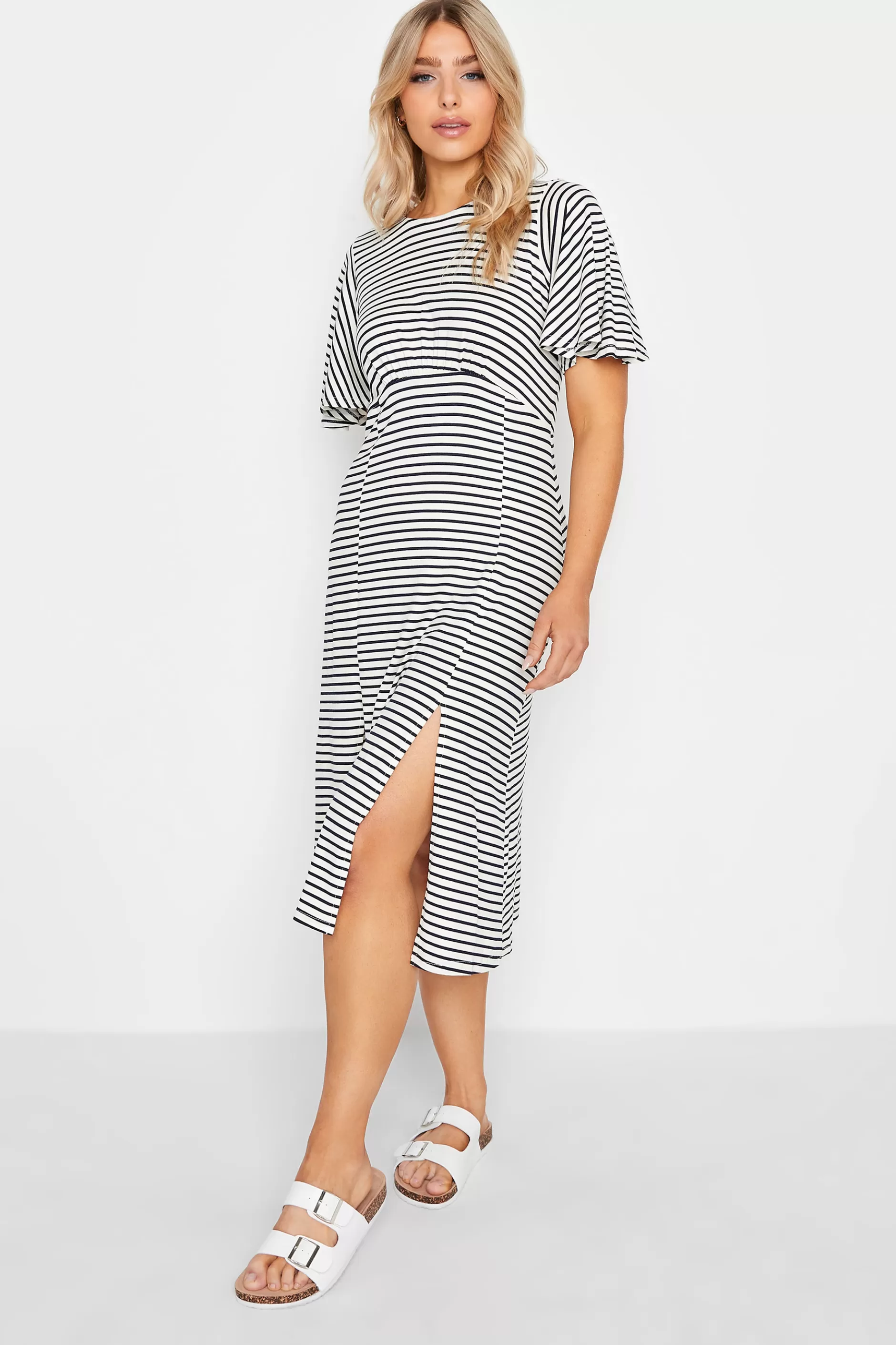 Women M&Co Midi Dresses> Womens White Stripe Print Angel Sleeve Split Hem Midi Dress