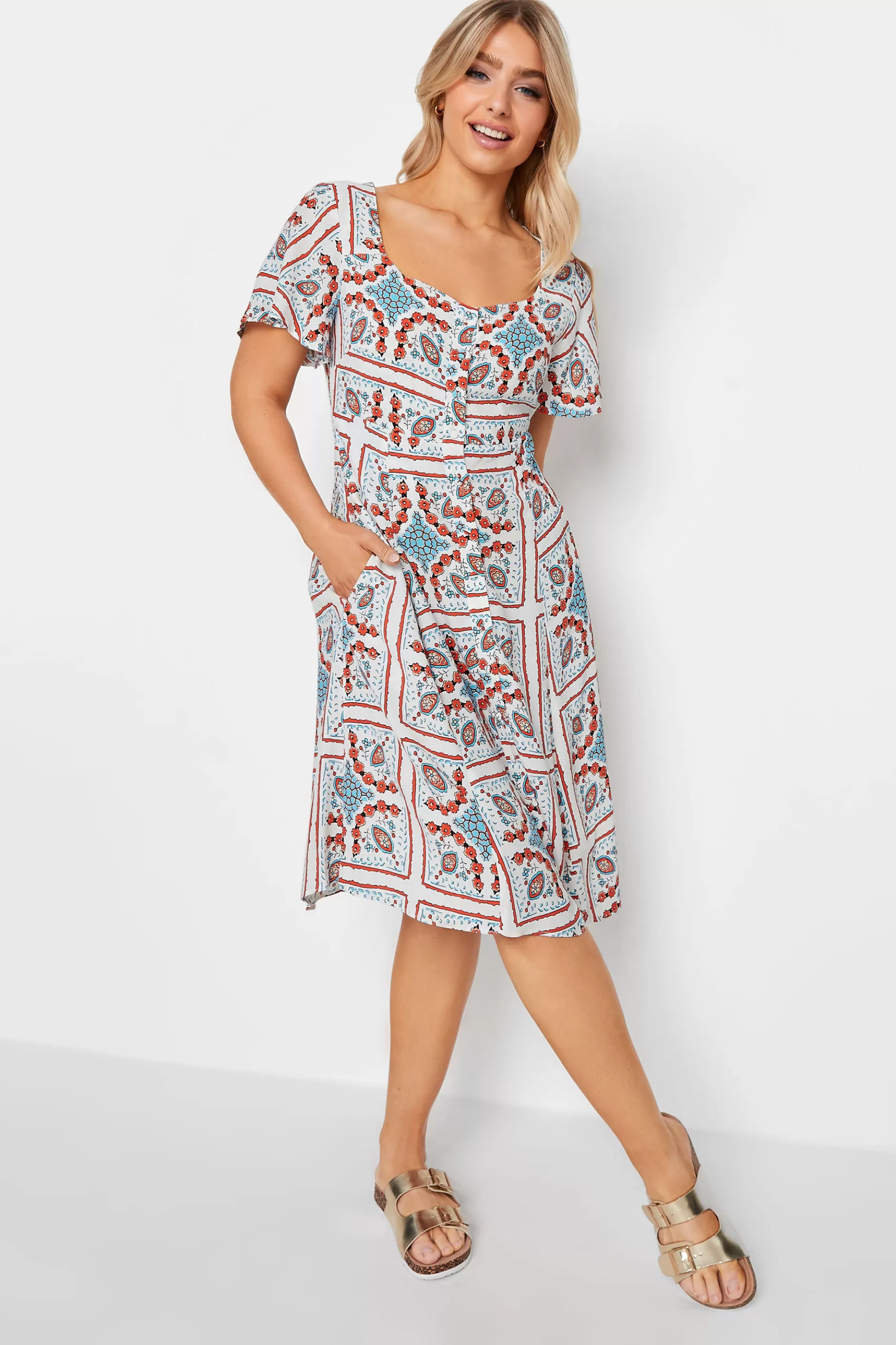 Women M&Co Midi Dresses> Womens White Tile Print Button Through Midi Dress