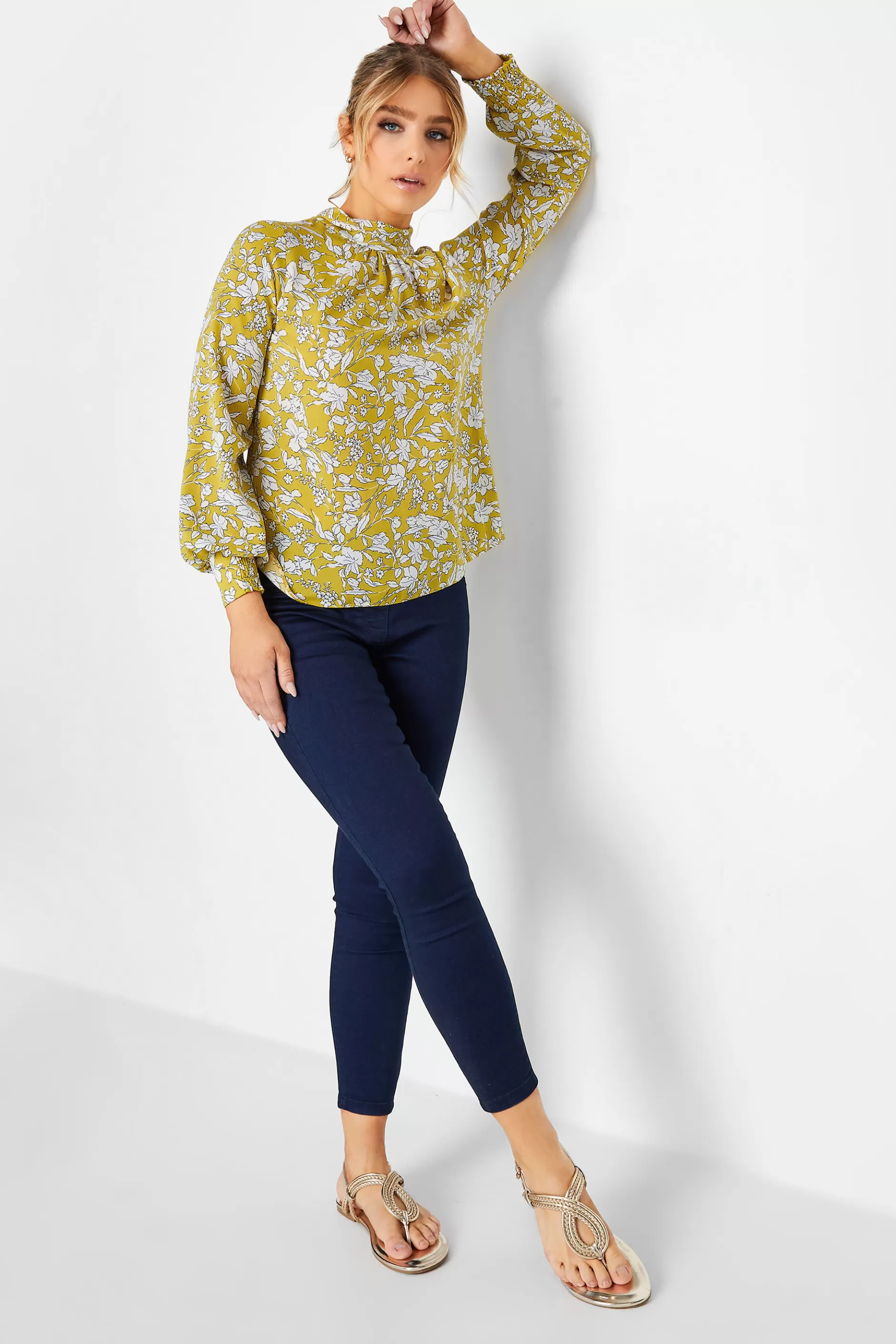 Women M&Co Long Sleeve Tops> Womens Yellow Floral Print High Neck Blouse