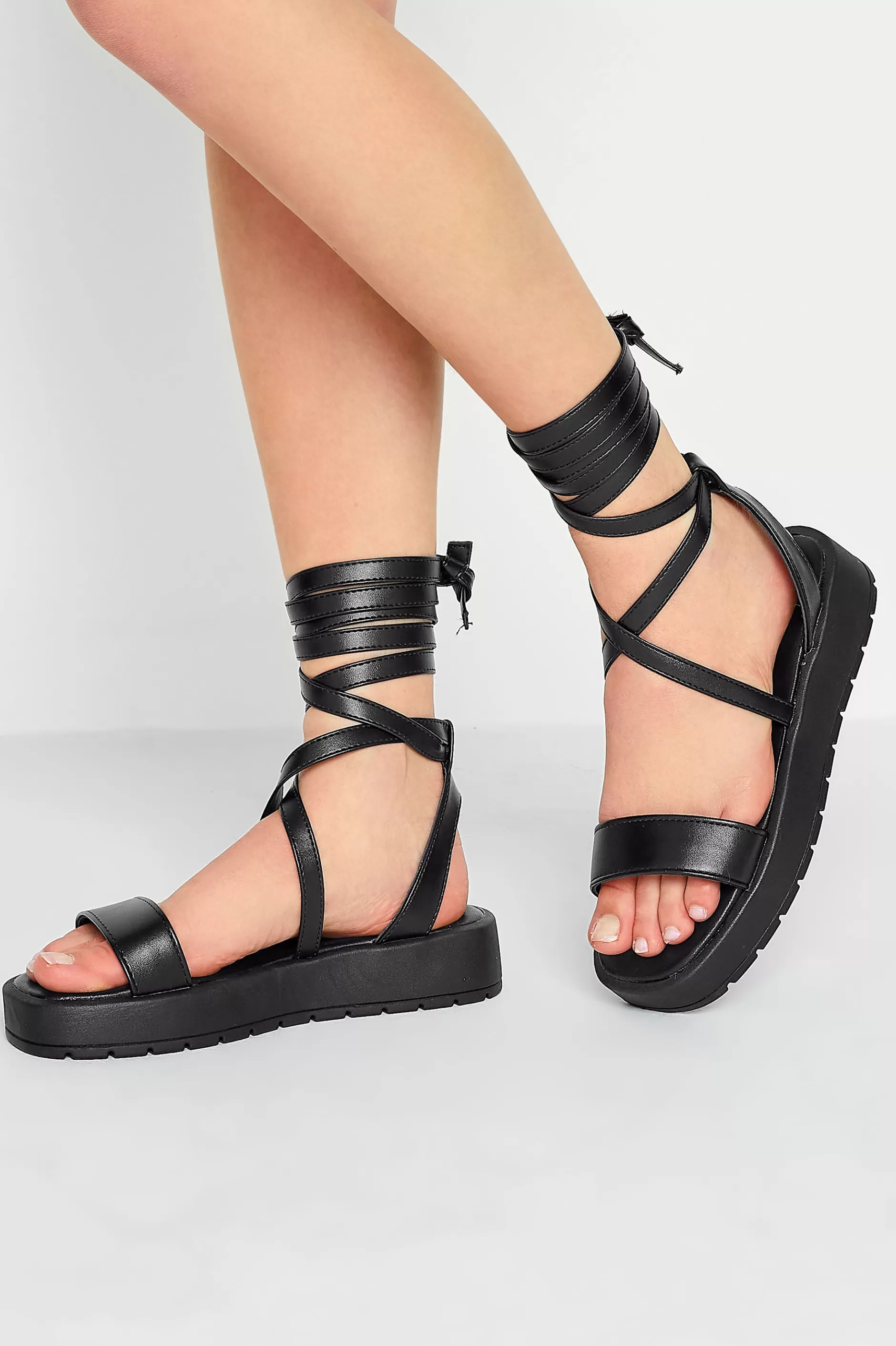 Women M&Co Sandals>Pixiegirl Pixiegirl Black Ankle Tie Flatform Sandals In Standard Fit