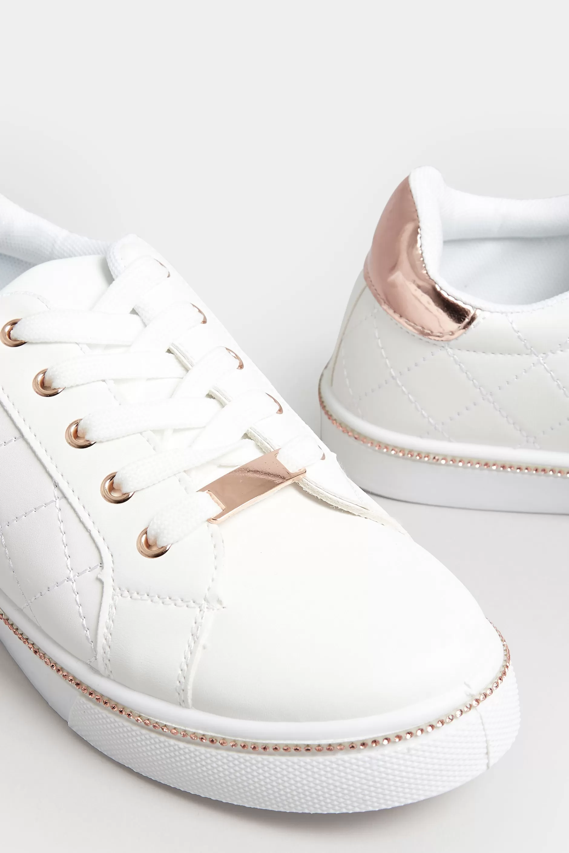 Women M&Co Trainers>Pixiegirl Pixiegirl White & Rose Gold Quilted Diamante Trainers In Standard Fit