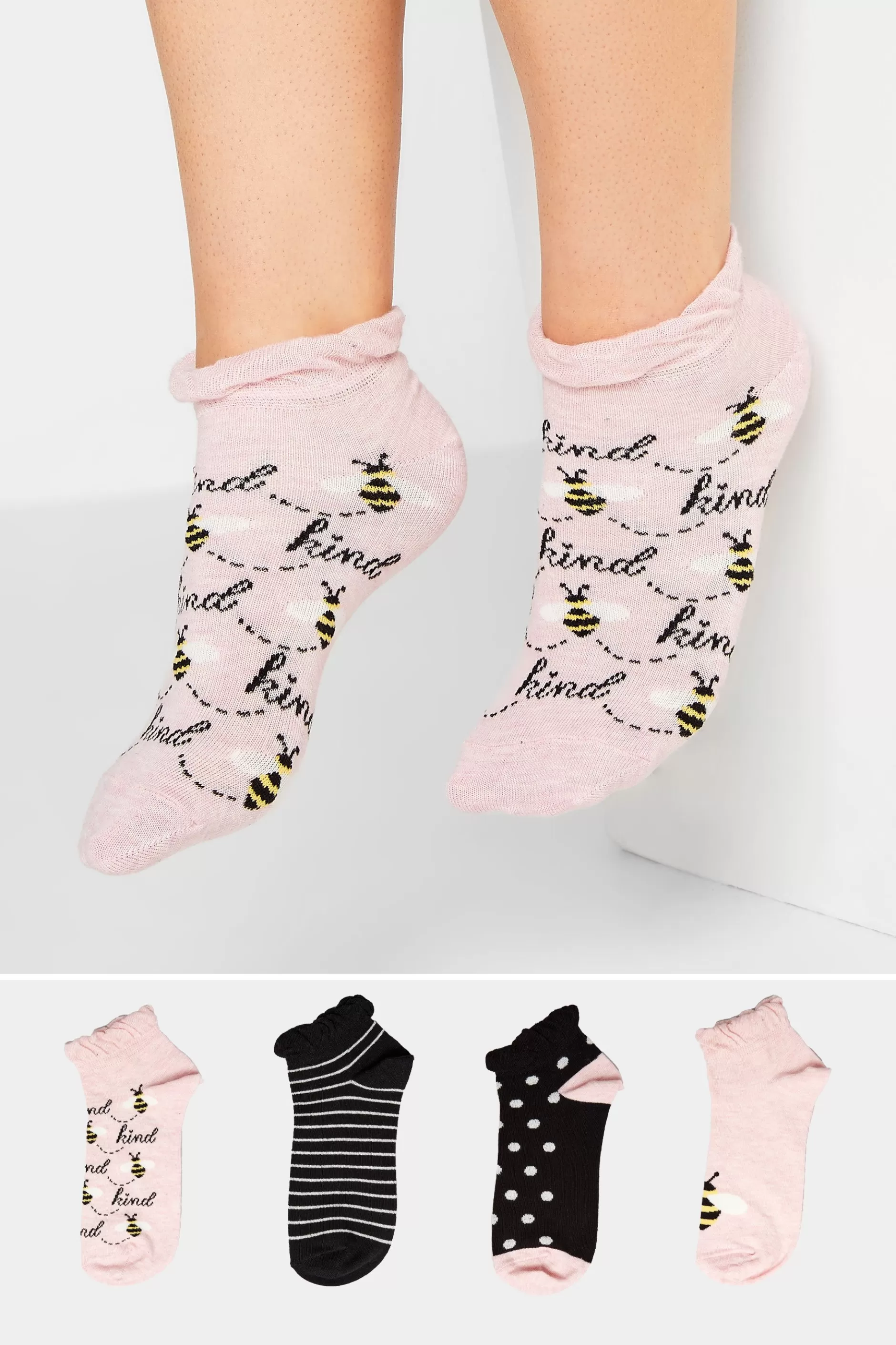 Women M&Co Socks>Yours Yours 4 Pack Black & Pink 'Bee Kind' Printed Trainer Liner Socks