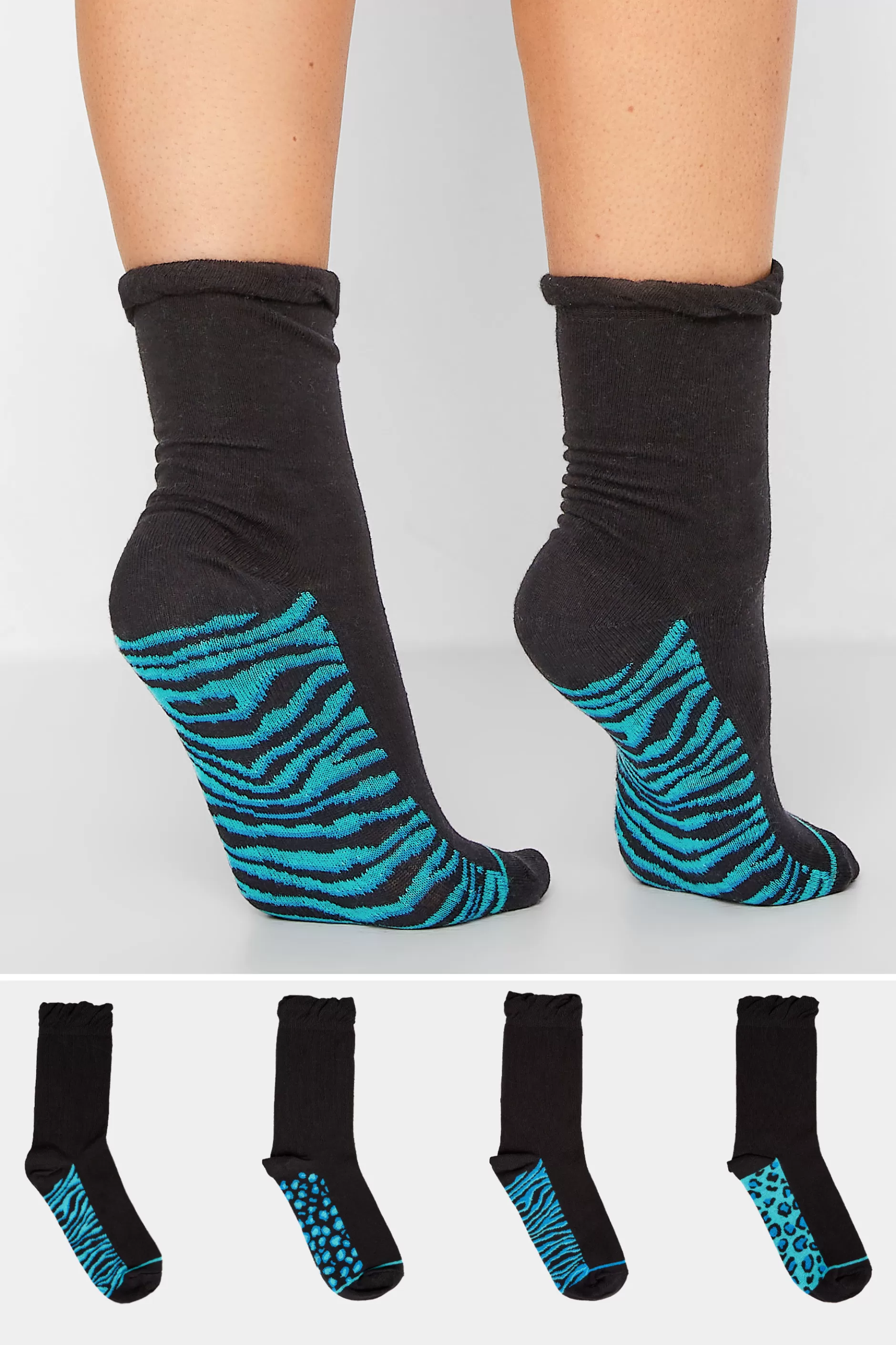 Women M&Co Socks>Yours Yours 4 Pack Black Animal Print Footbed Ankle Socks