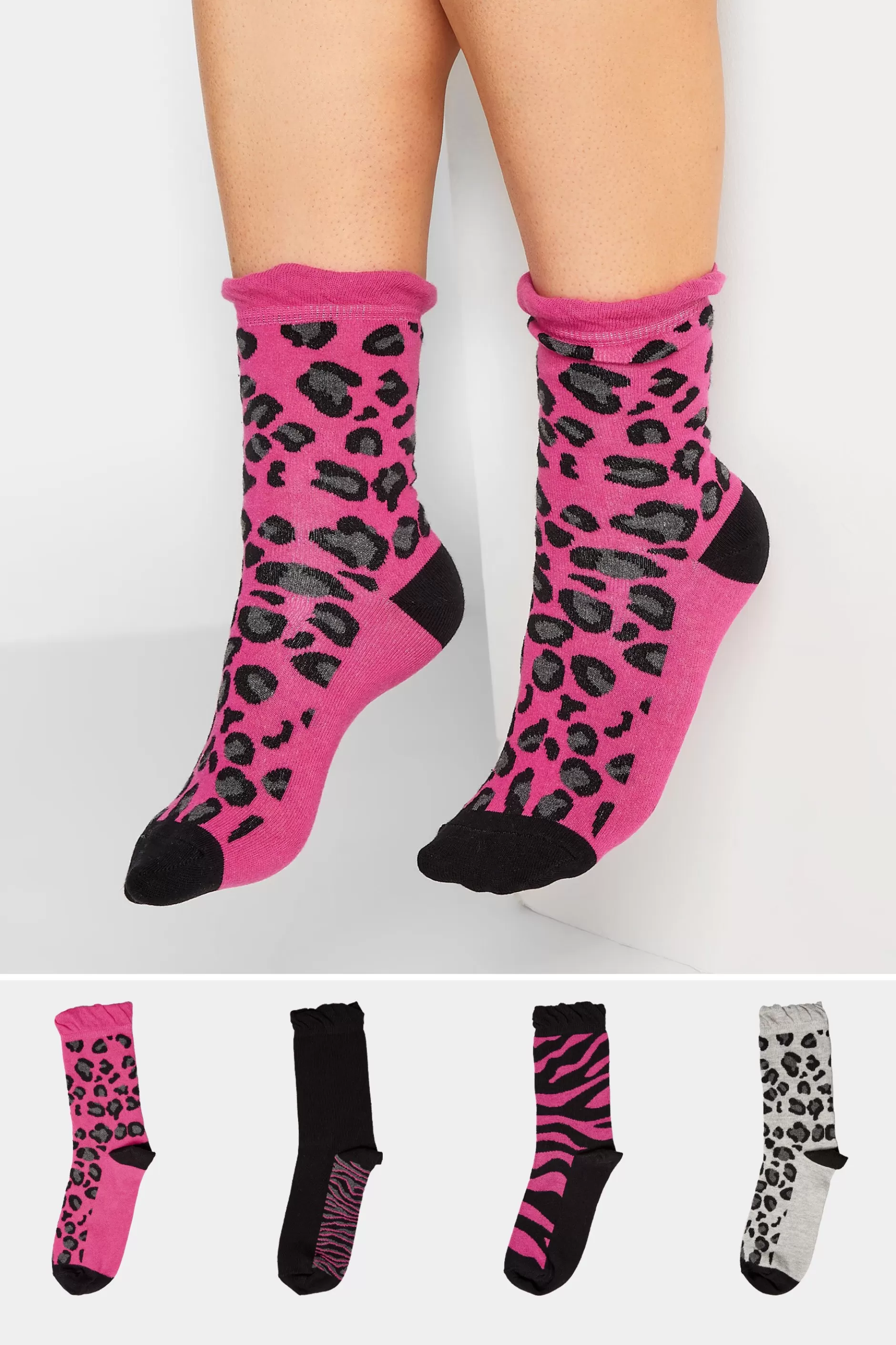 Women M&Co Socks>Yours Yours 4 Pack Black Mixed Animal Print Footbed Ankle Socks