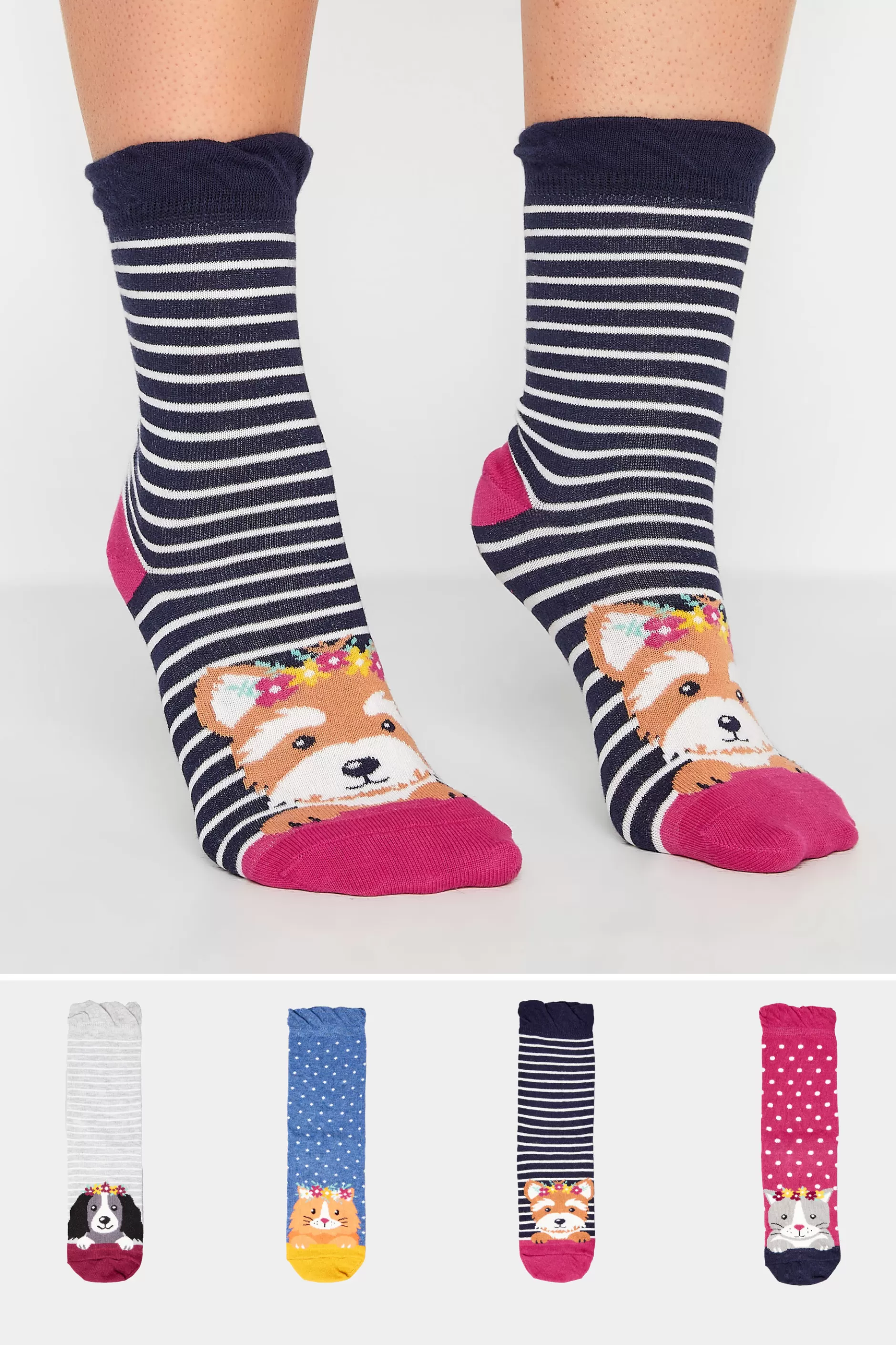 Women M&Co Socks>Yours Yours 4 Pack Navy Blue Animal Print Stripe Ankle Socks