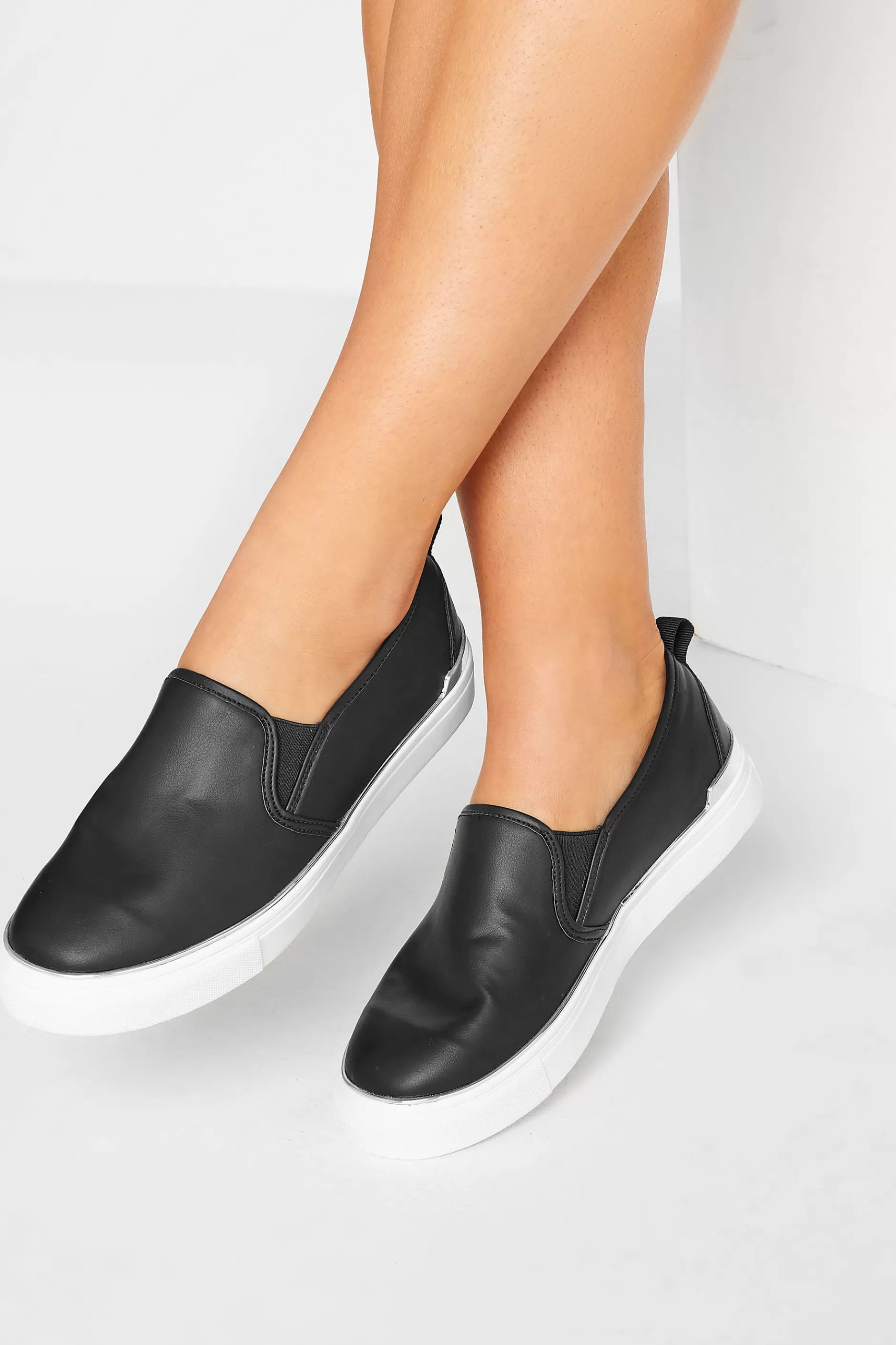 Women M&Co Flat Shoes>Yours Yours Black & Silver Hardware Slip-On Trainers In Extra Wide Eee Fit