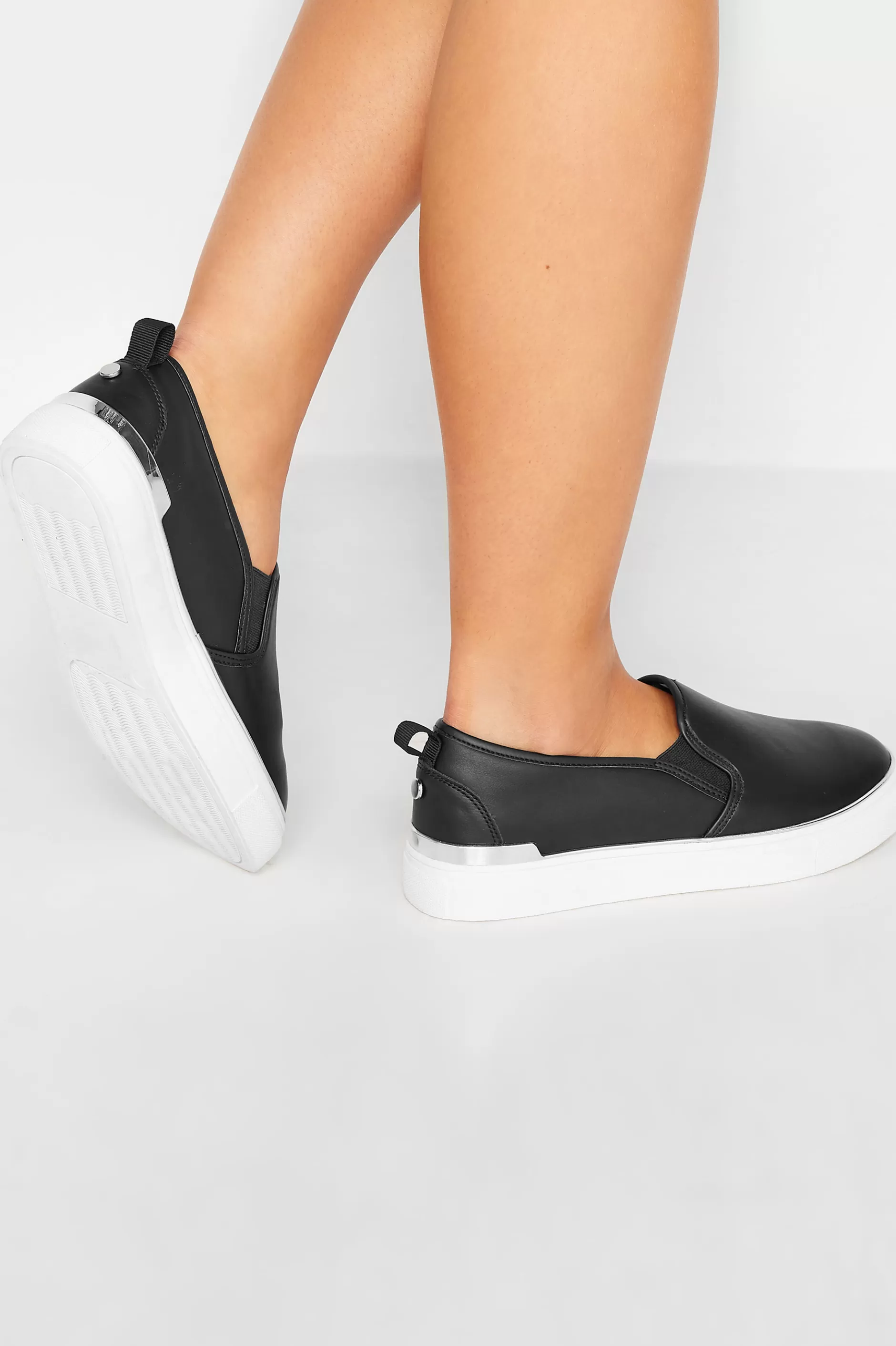 Women M&Co Flat Shoes>Yours Yours Black & Silver Hardware Slip-On Trainers In Extra Wide Eee Fit