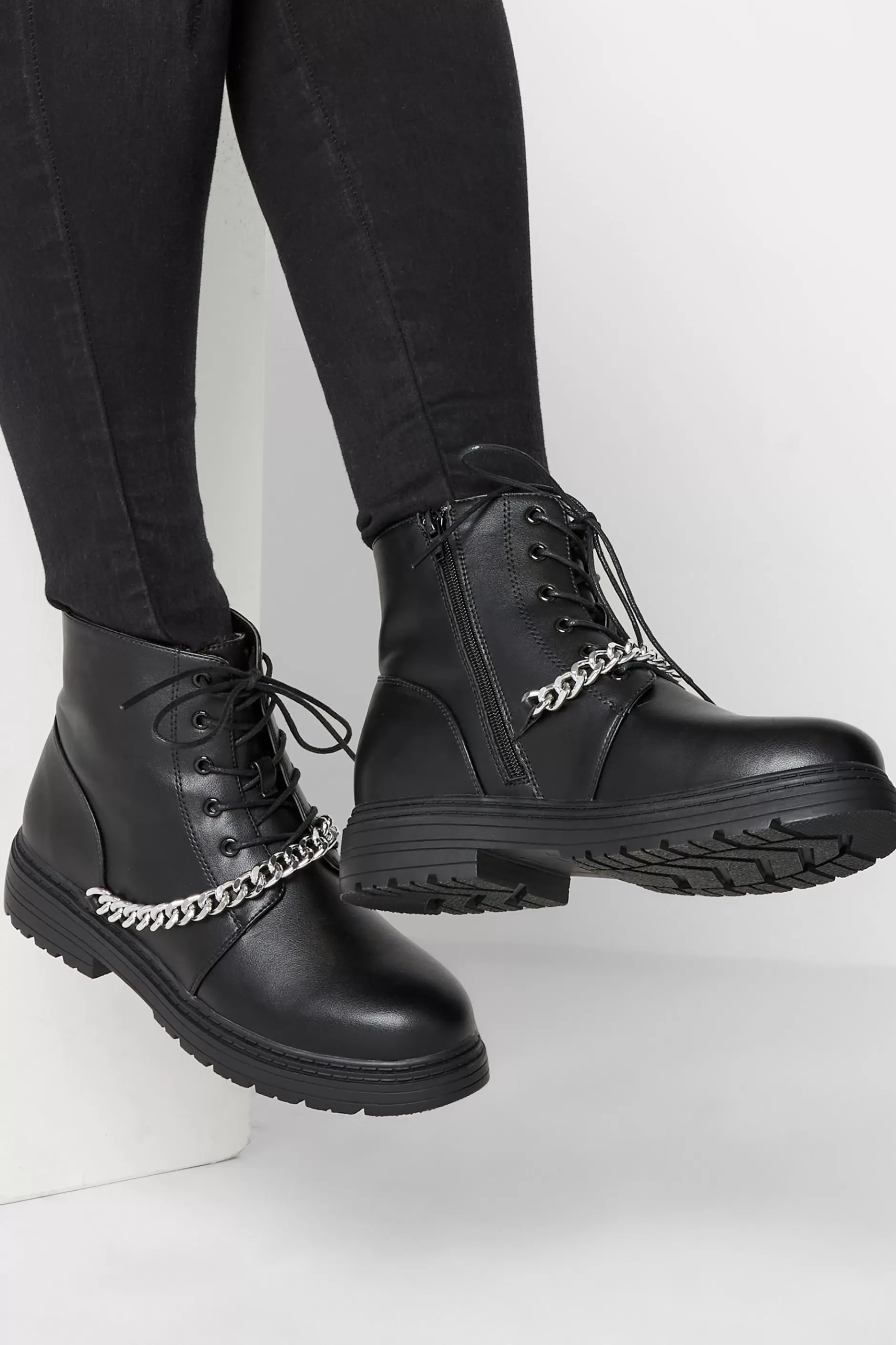 Women M&Co Flat Shoes>Yours Yours Black Chain Lace Up Boots In Wide E Fit & Extra Wide Eee Fit