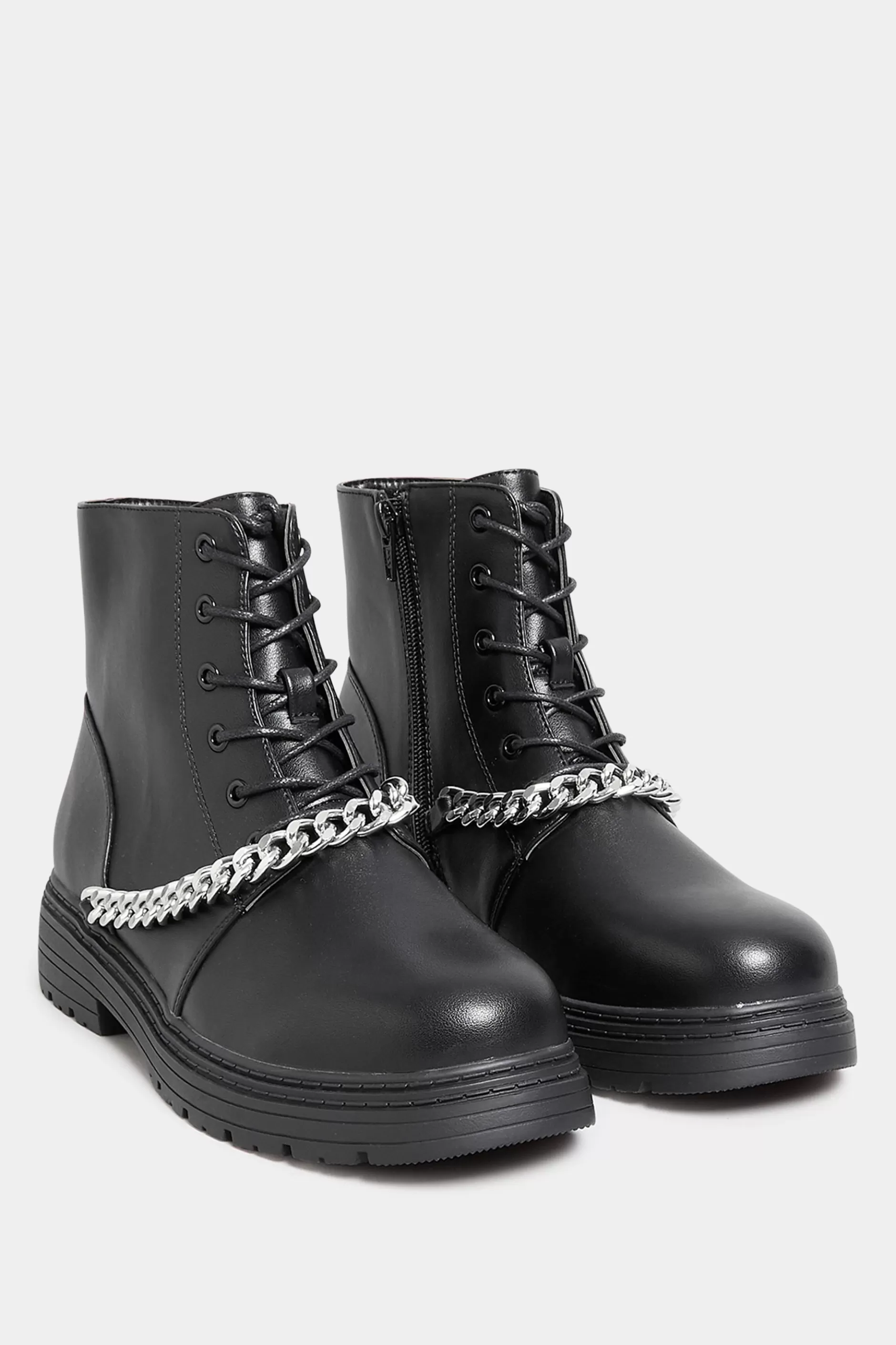 Women M&Co Flat Shoes>Yours Yours Black Chain Lace Up Boots In Wide E Fit & Extra Wide Eee Fit