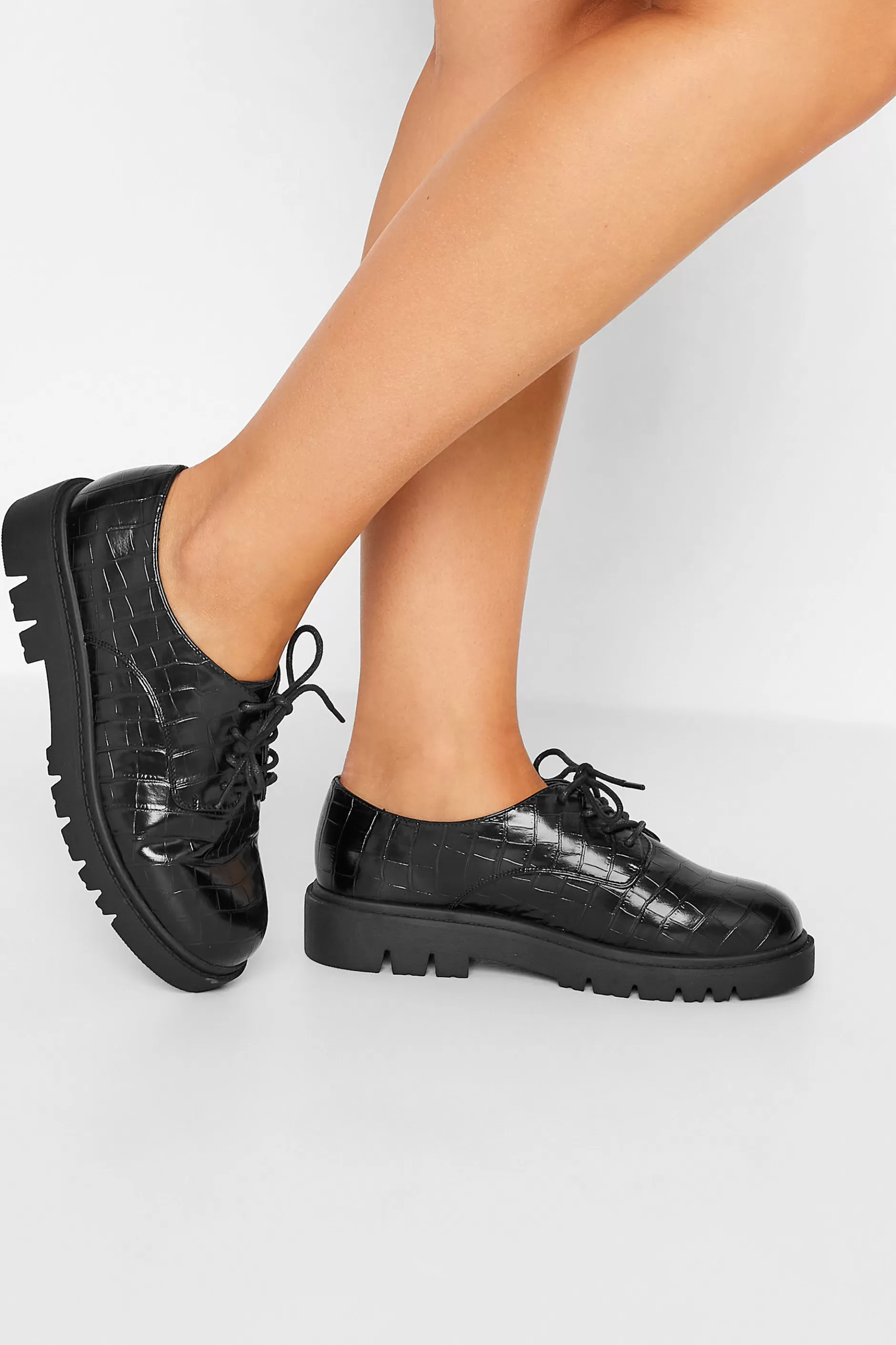 Women M&Co Flat Shoes>Yours Yours Black Croc Lace Up Loafers In Extra Wide Eee Fit