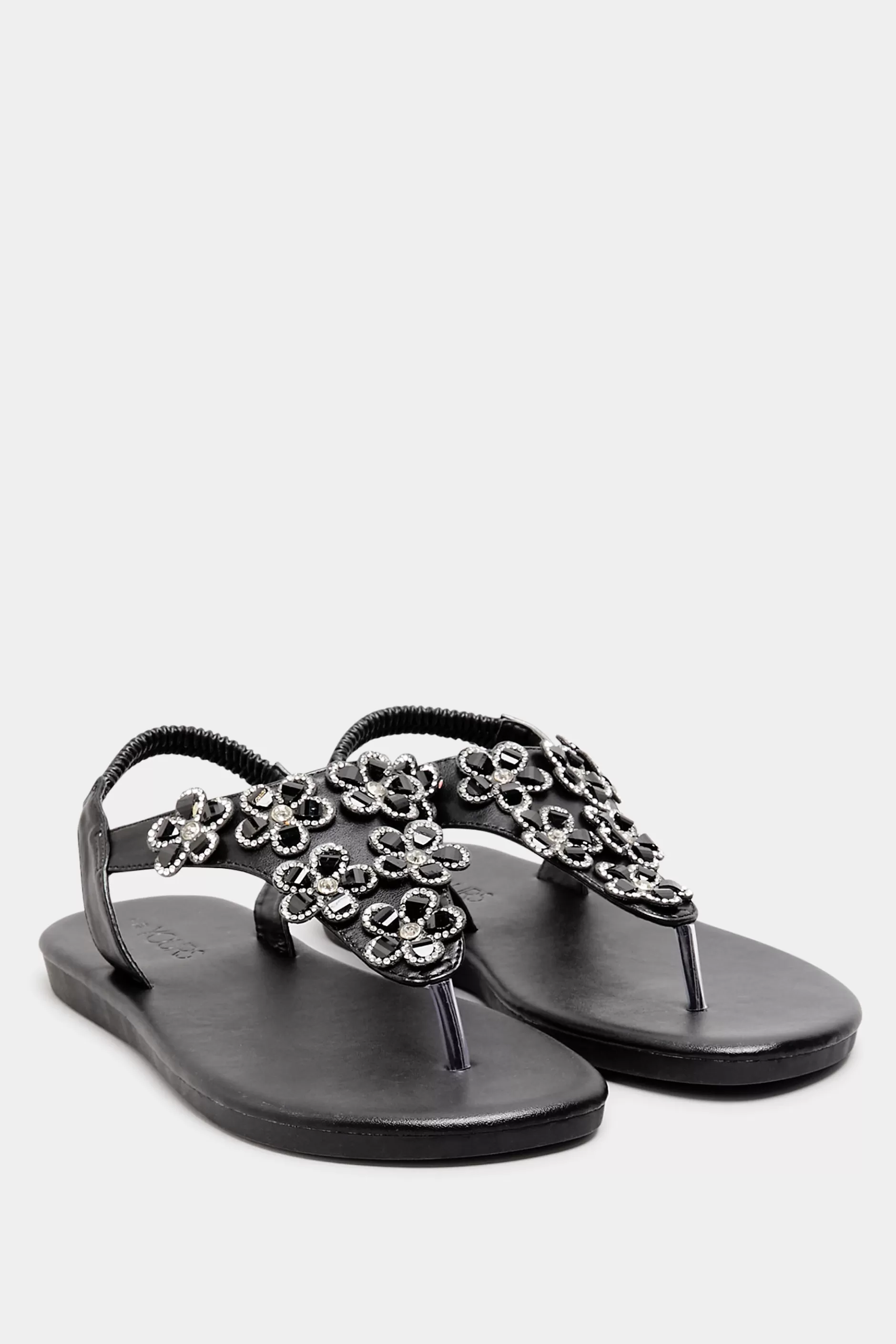 Women M&Co Flat Shoes>Yours Yours Black Diamante Flower Sandals In Wide E Fit & Extra Wide Eee Fit
