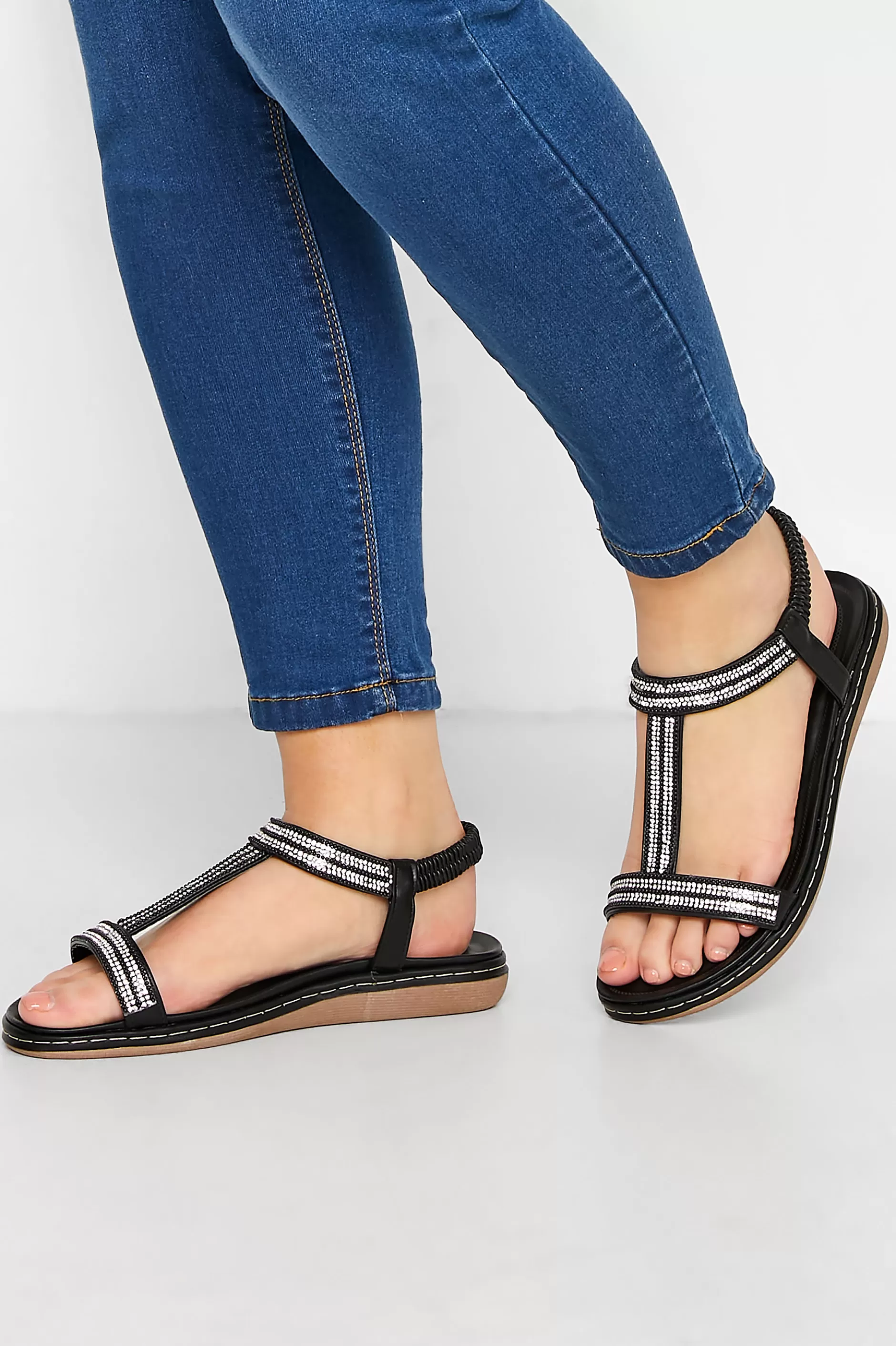 Women M&Co Flat Shoes>Yours Yours Black Diamante Strap Sandals In Extra Wide Eee Fit