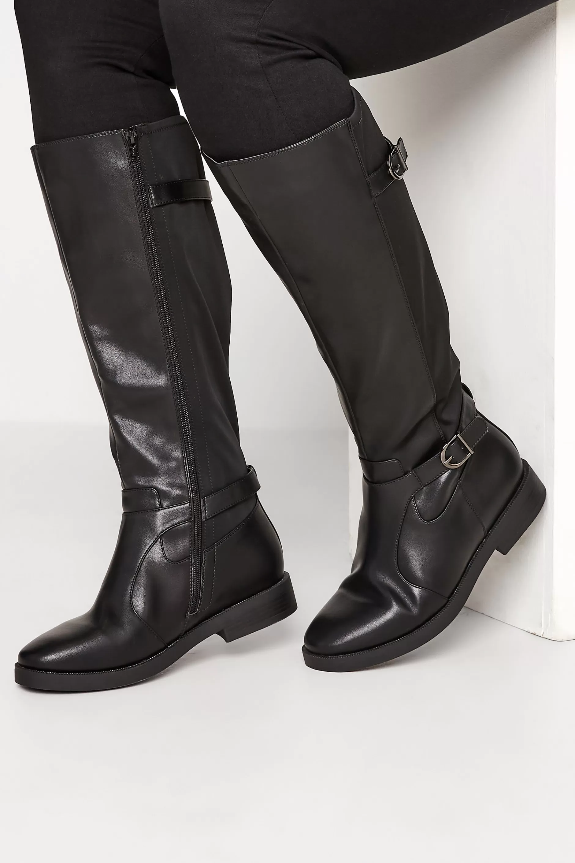 Women M&Co Flat Shoes>Yours Yours Black Double Strap Knee High Boots In Wide E Fit & Extra Wide Eee Fit