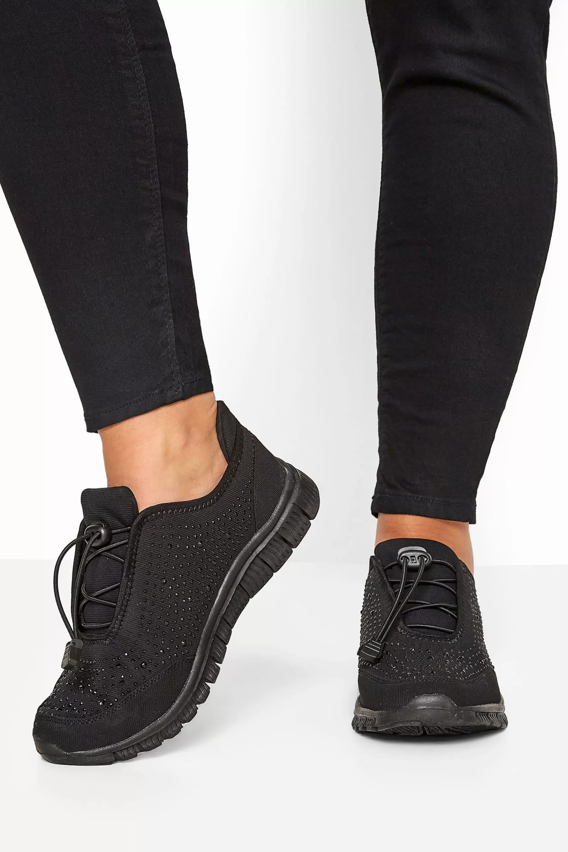 Women M&Co Flat Shoes>Yours Yours Black Embellished Drawcord Trainers In Wide E Fit & Extra Wide Eee Fit