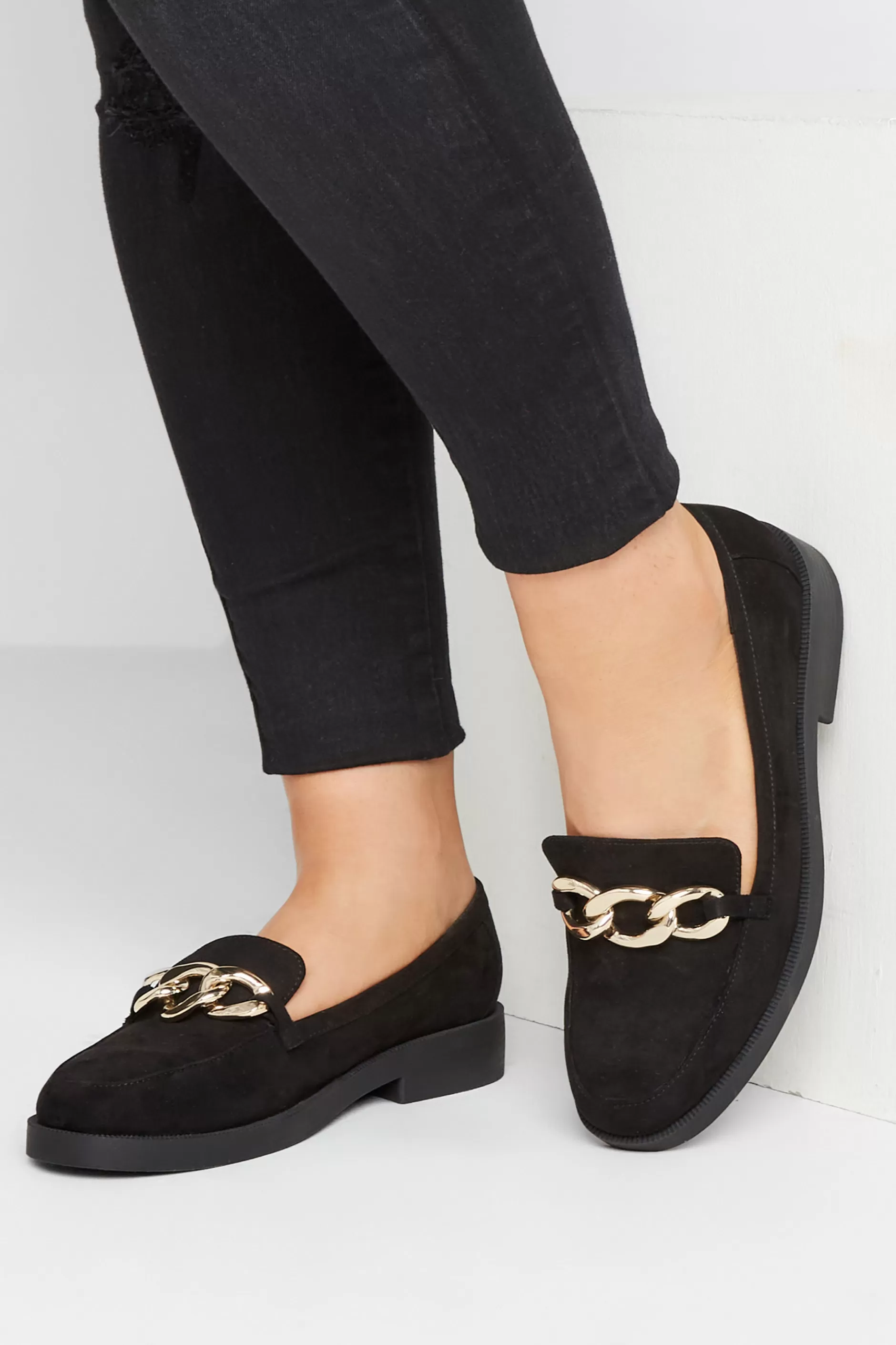 Women M&Co Flat Shoes>Yours Yours Black Faux Suede Chain Detail Loafers In Wide E Fit & Extra Wide Eee Fit