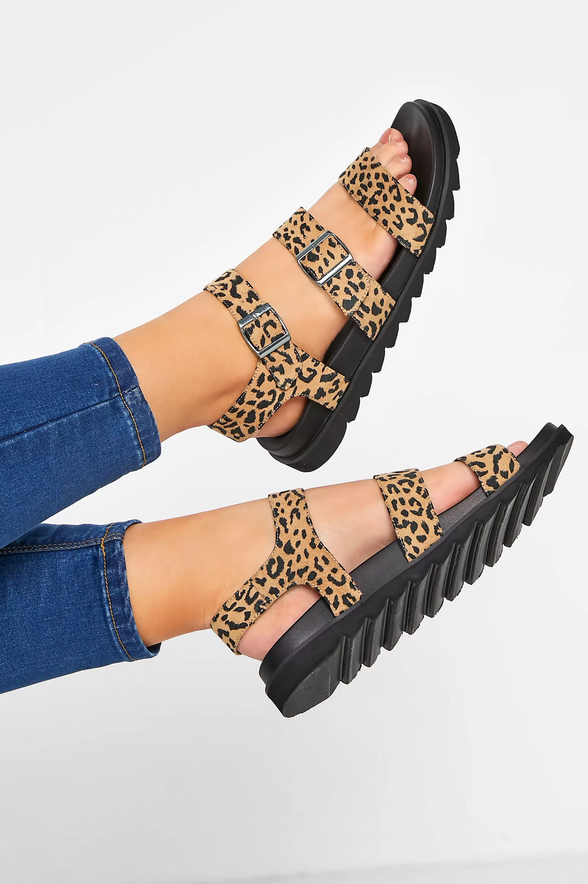 Women M&Co Flat Shoes>Yours Yours Black Leopard Print Buckle Sandals In Extra Wide Eee Fit
