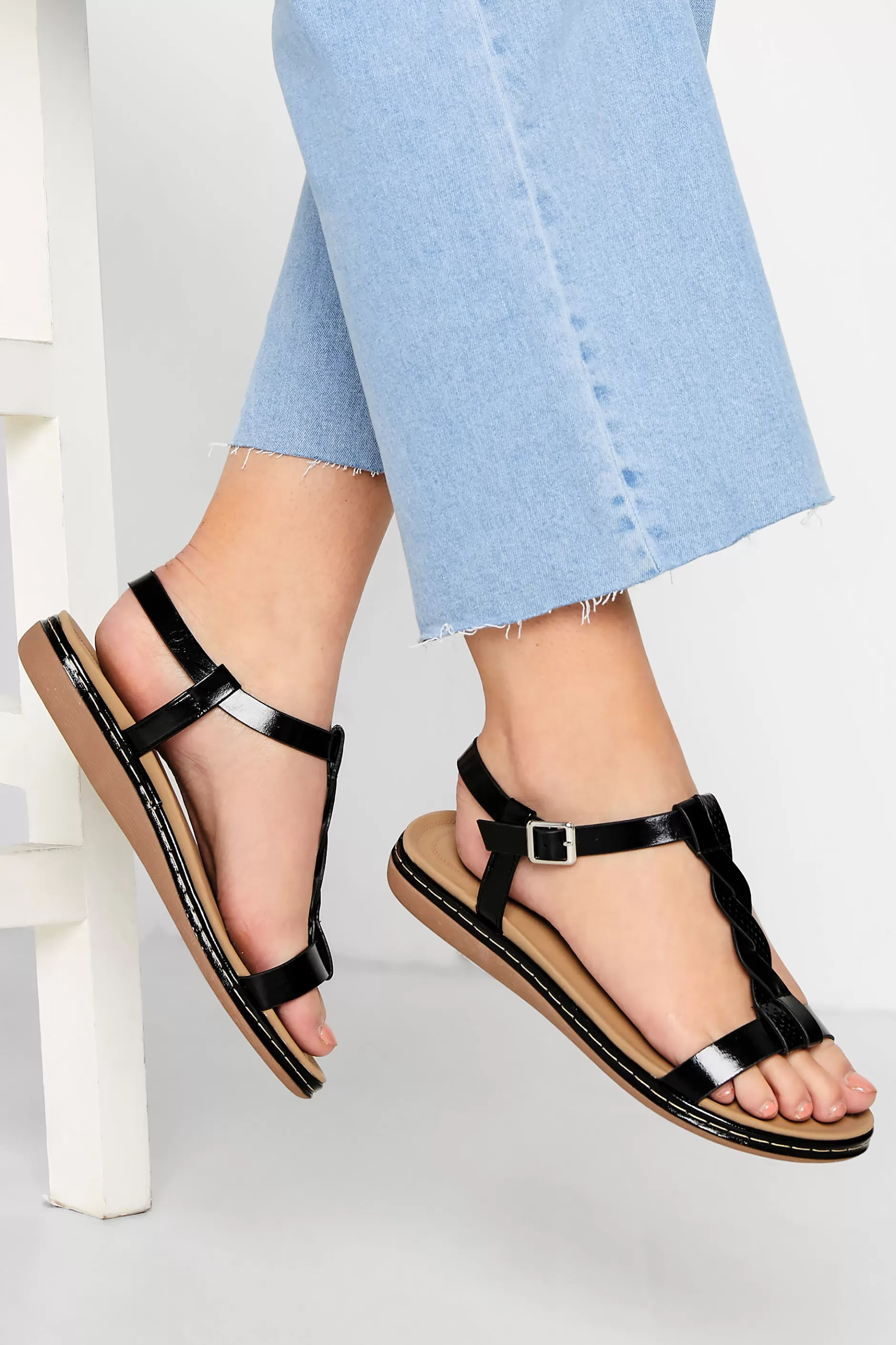 Women M&Co Flat Shoes>Yours Yours Black Patent Plaited Strap Sandals In Wide E Fit & Extra Wide Eee Fit