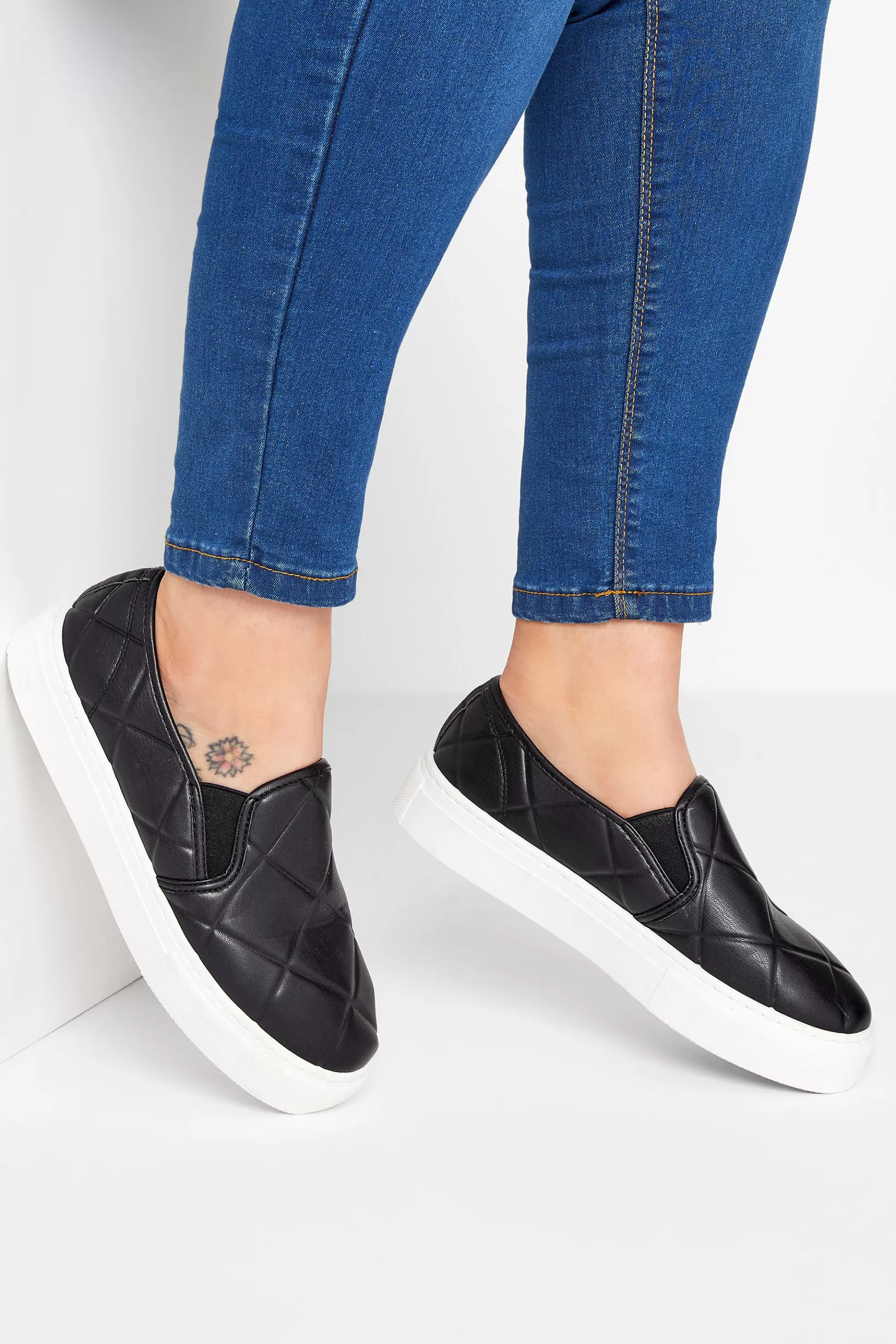 Women M&Co Flat Shoes>Yours Yours Black Quilted Slip-On Trainers In Extra Wide Eee Fit