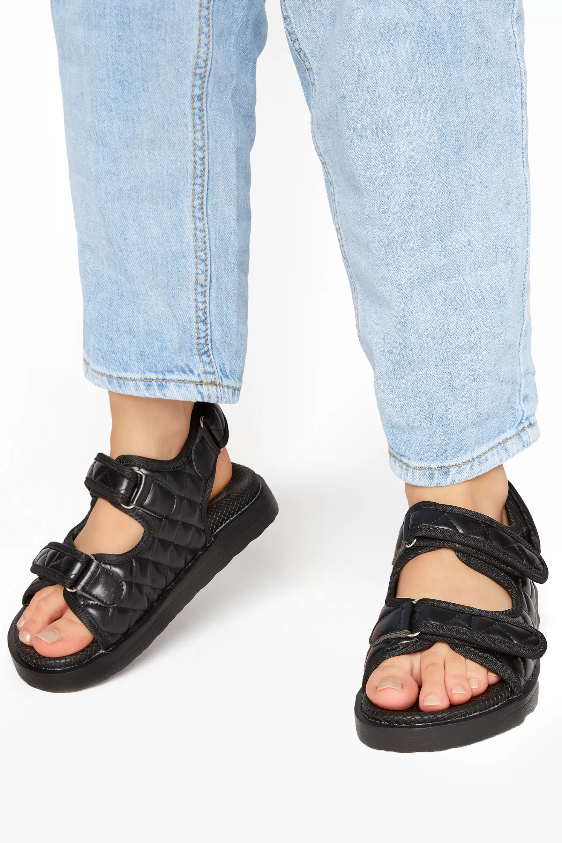 Women M&Co Flat Shoes>Yours Yours Black Quilted Velcro Sandal In Extra Wide Eee Fit