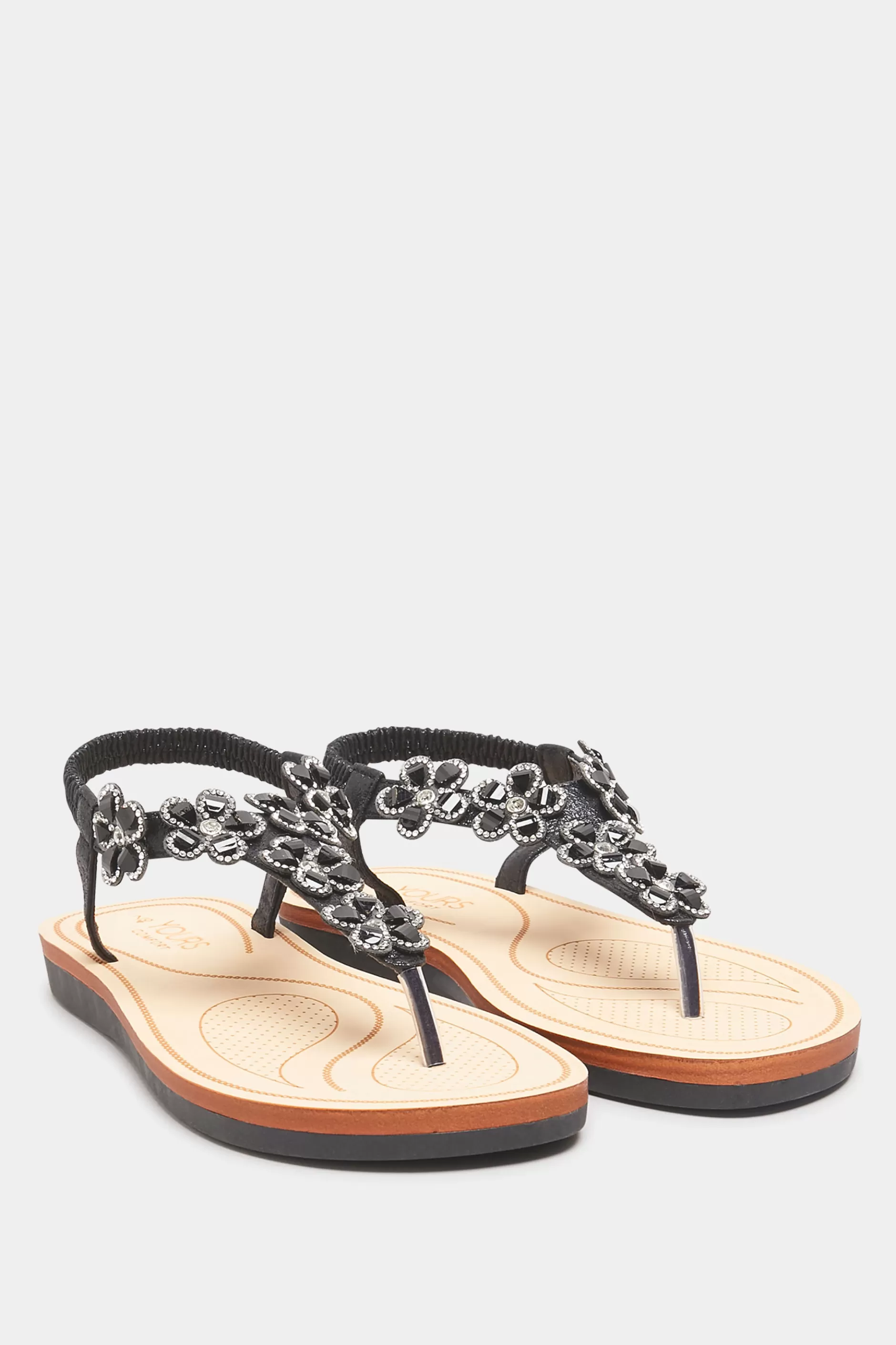 Women M&Co Flat Shoes>Yours Yours Black Shimmer Diamante Flower Sandals In Wide E Fit & Extra Wide Eee Fit