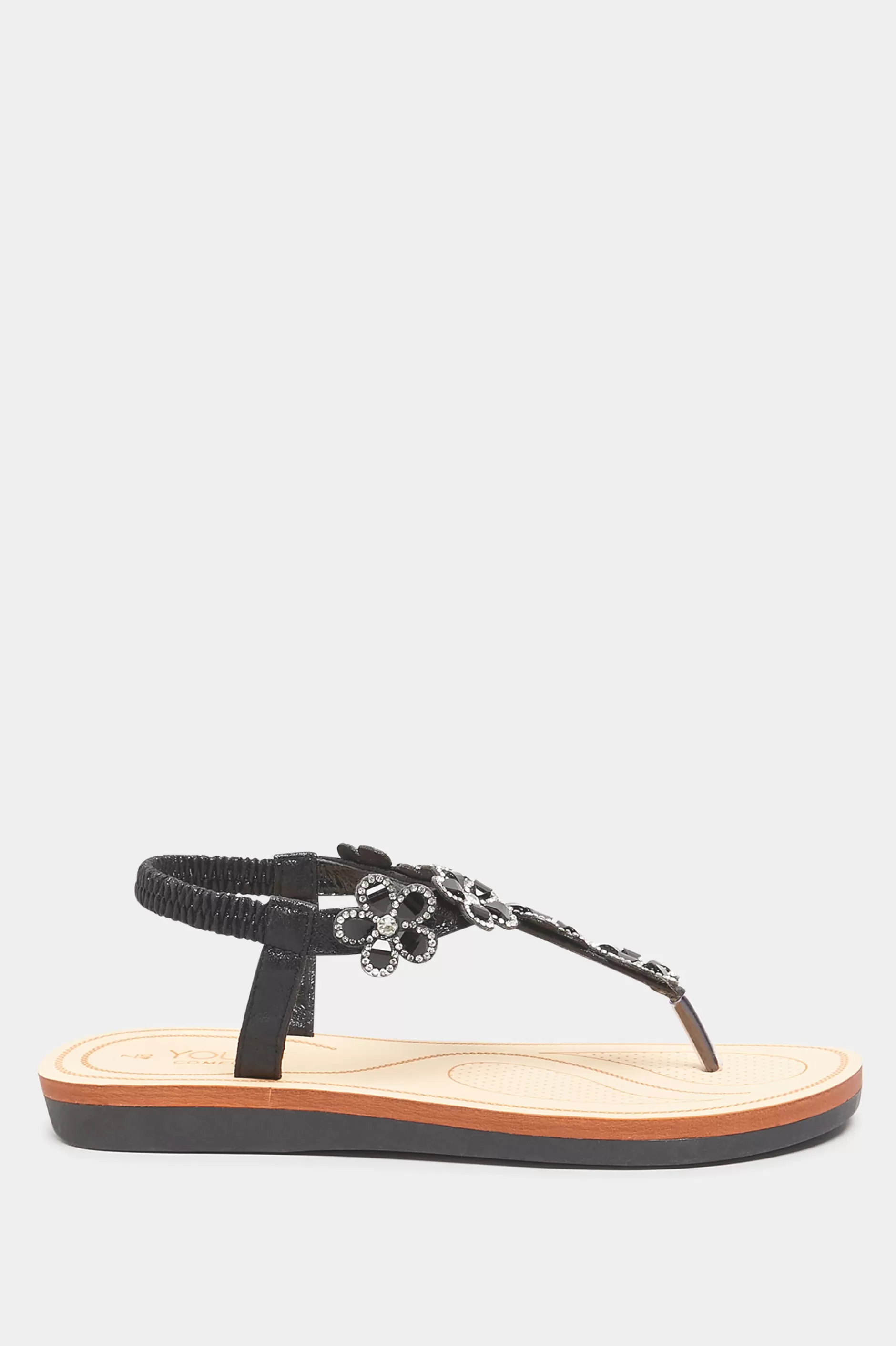 Women M&Co Flat Shoes>Yours Yours Black Shimmer Diamante Flower Sandals In Wide E Fit & Extra Wide Eee Fit