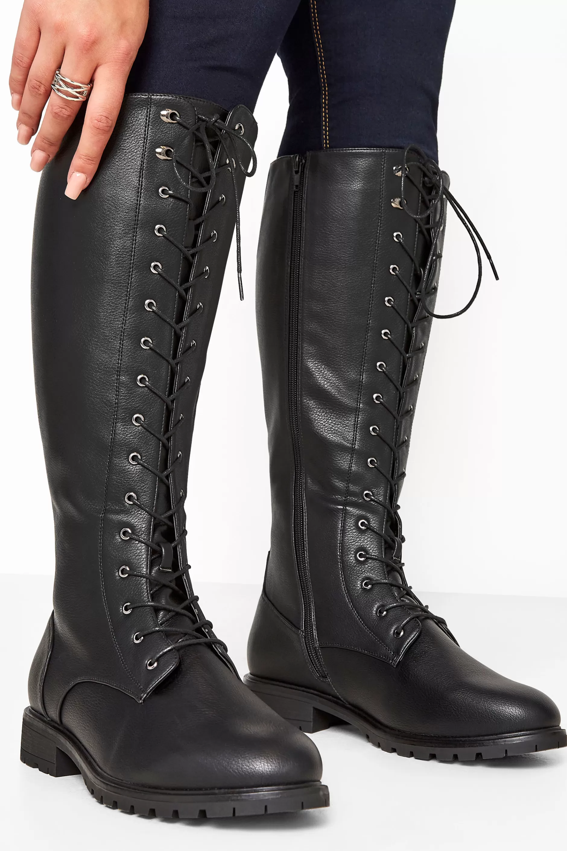 Women M&Co Flat Shoes>Yours Yours Black Vegan Faux Leather Lace Up Knee High Boots In Wide E Fit & Extra Wide Eee Fit
