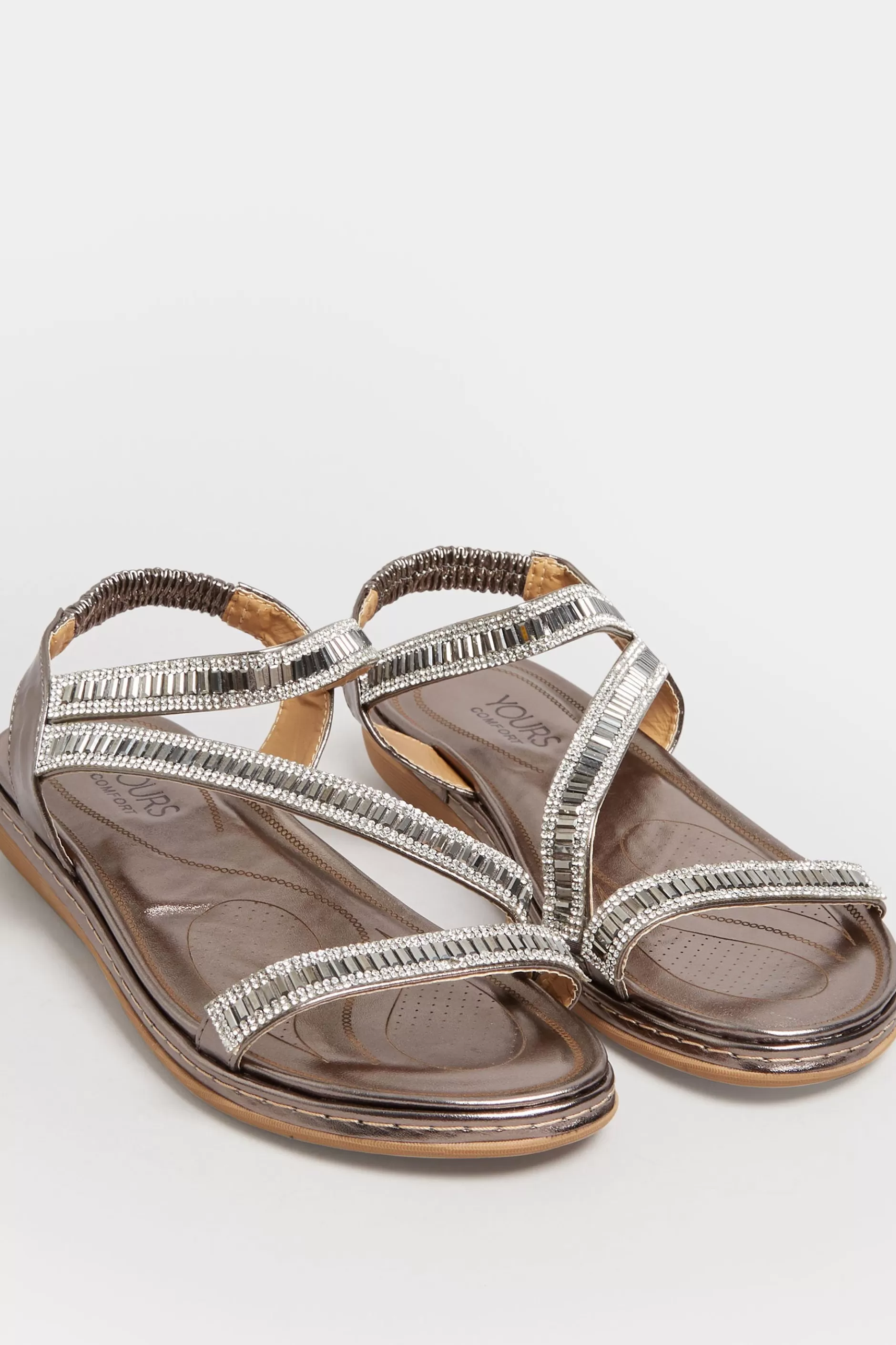 Women M&Co Flat Shoes>Yours Yours Brown & Silver Sequin Strappy Sandals In Wide E Fit & Extra Wide Eee Fit