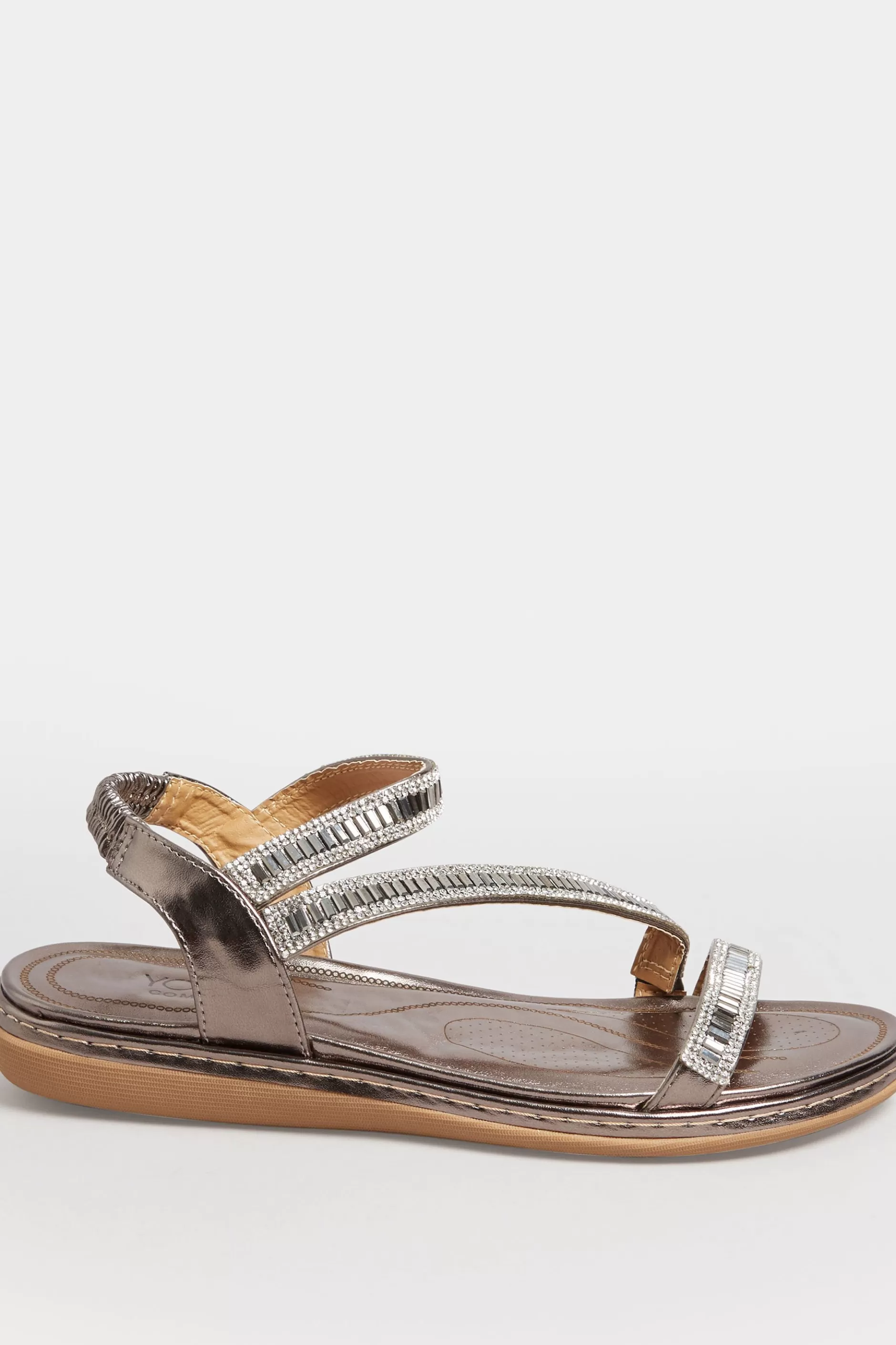 Women M&Co Flat Shoes>Yours Yours Brown & Silver Sequin Strappy Sandals In Wide E Fit & Extra Wide Eee Fit