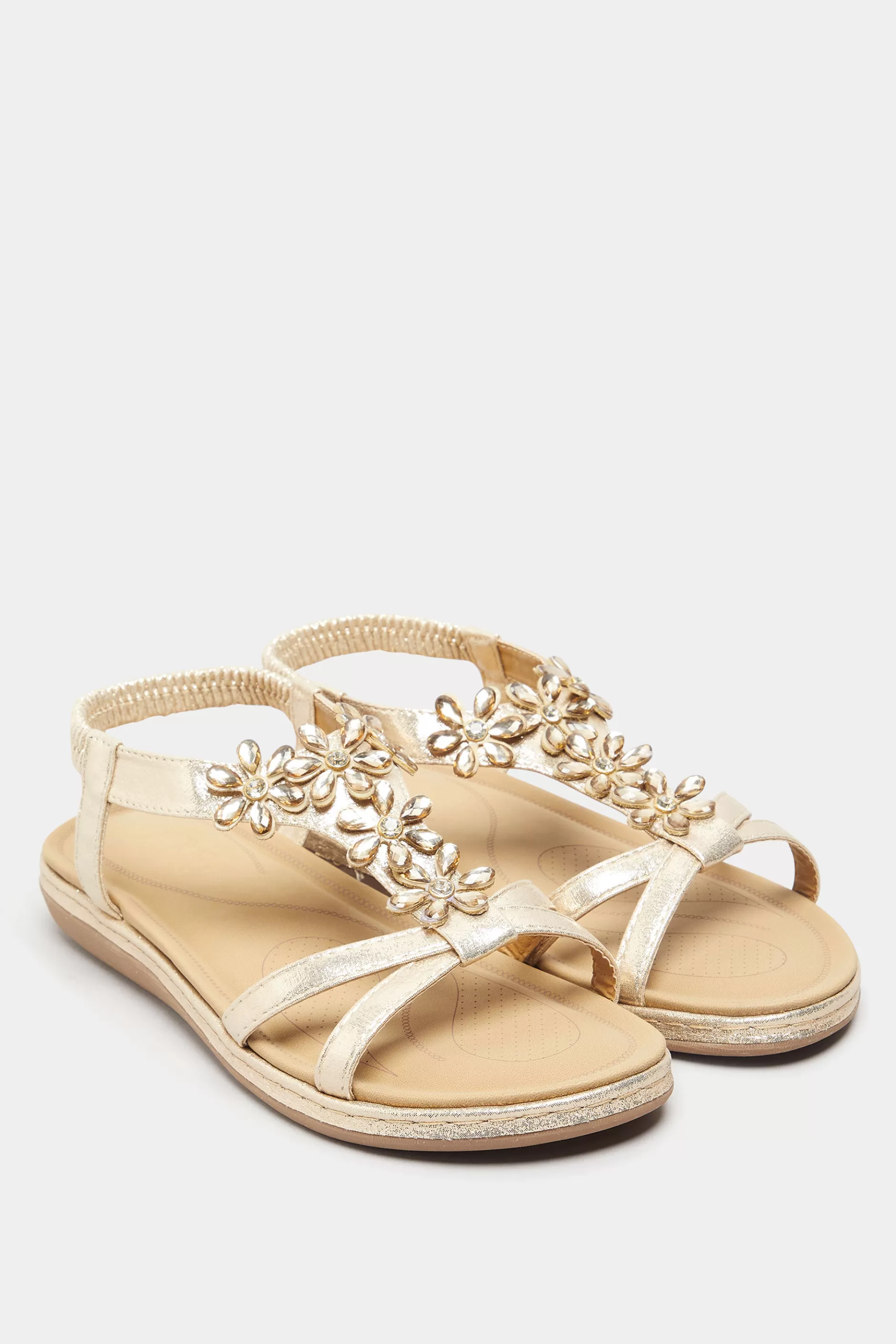 Women M&Co Flat Shoes>Yours Yours Gold Glitter Floral Diamante Studded Sandals In Wide E Fit & Extra Wide Eee Fit
