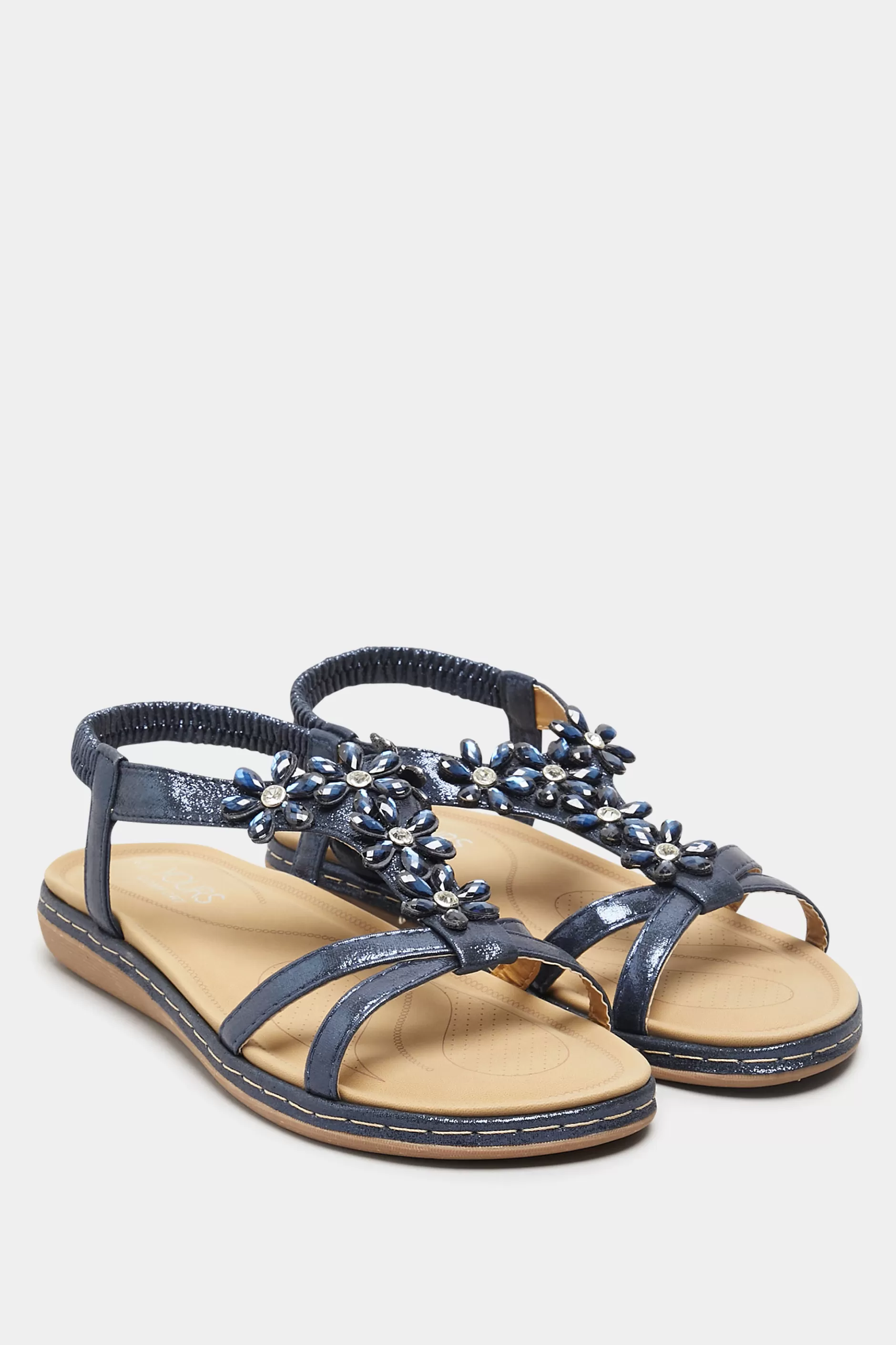 Women M&Co Flat Shoes>Yours Yours Navy Blue Glitter Floral Diamante Studded Sandals In Wide E Fit & Extra Wide Eee Fit