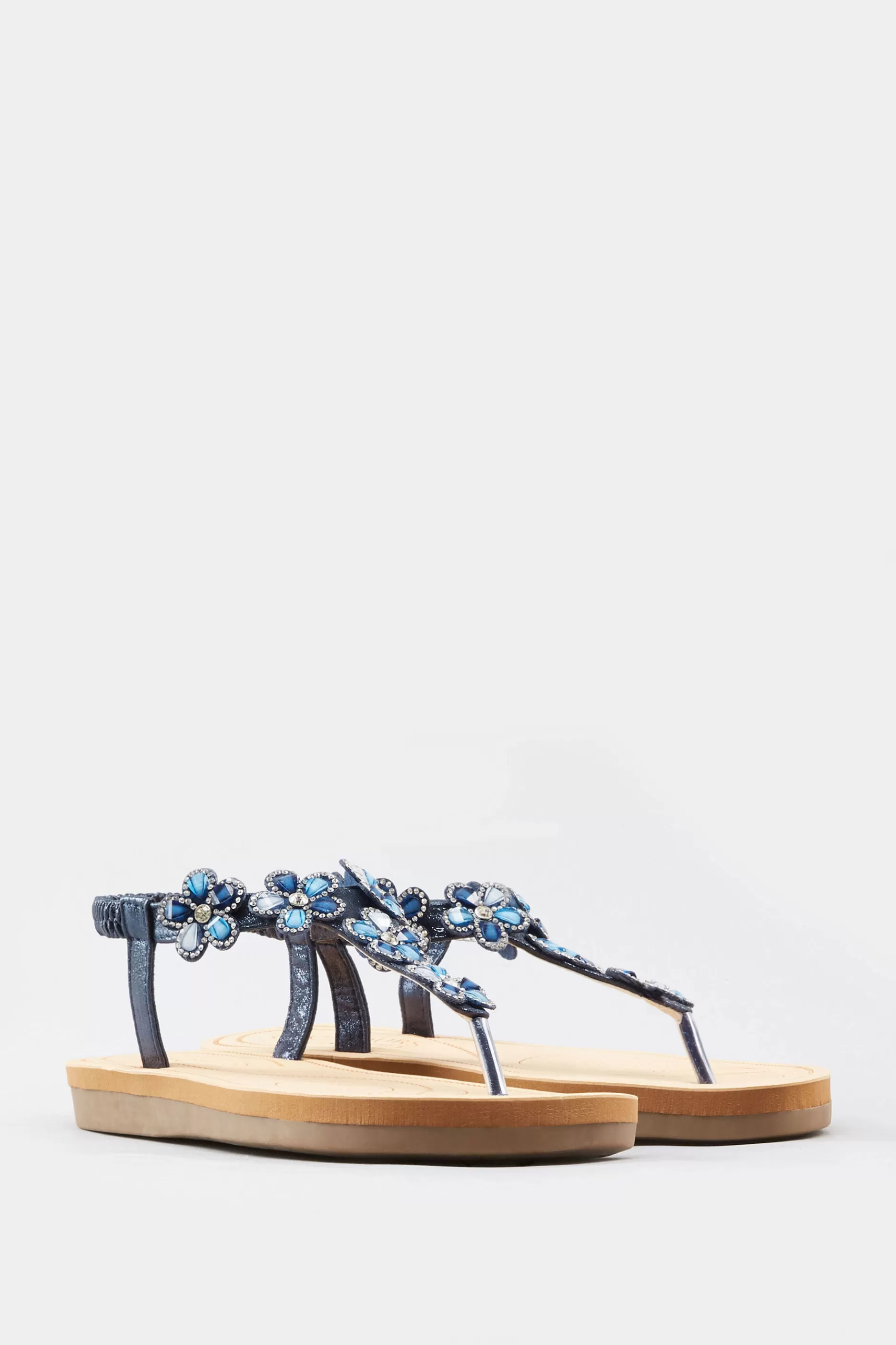 Women M&Co Flat Shoes>Yours Yours Navy Shimmer Diamante Flower Sandals In Wide E Fit & Extra Wide Eee Fit