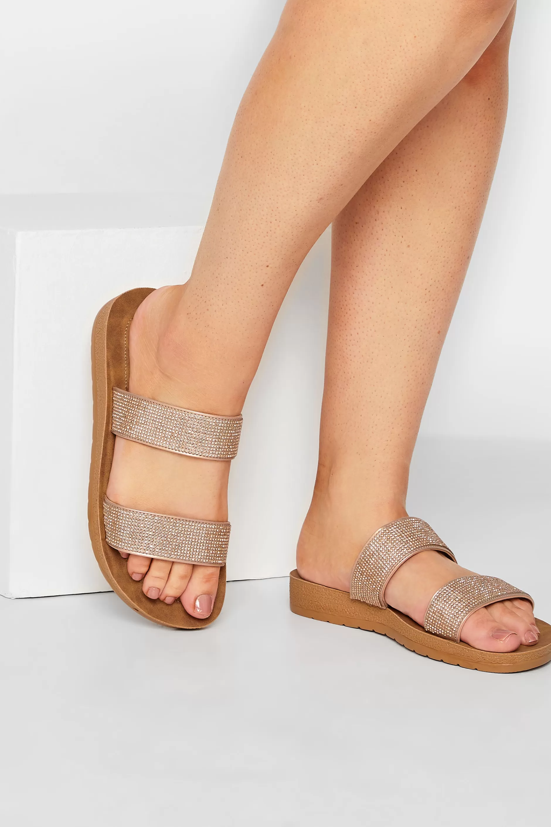 Women M&Co Mules & Sliders>Yours Yours Rose Gold & Brown Glitter Strap Mule Sandals In Extra Wide Eee Fit