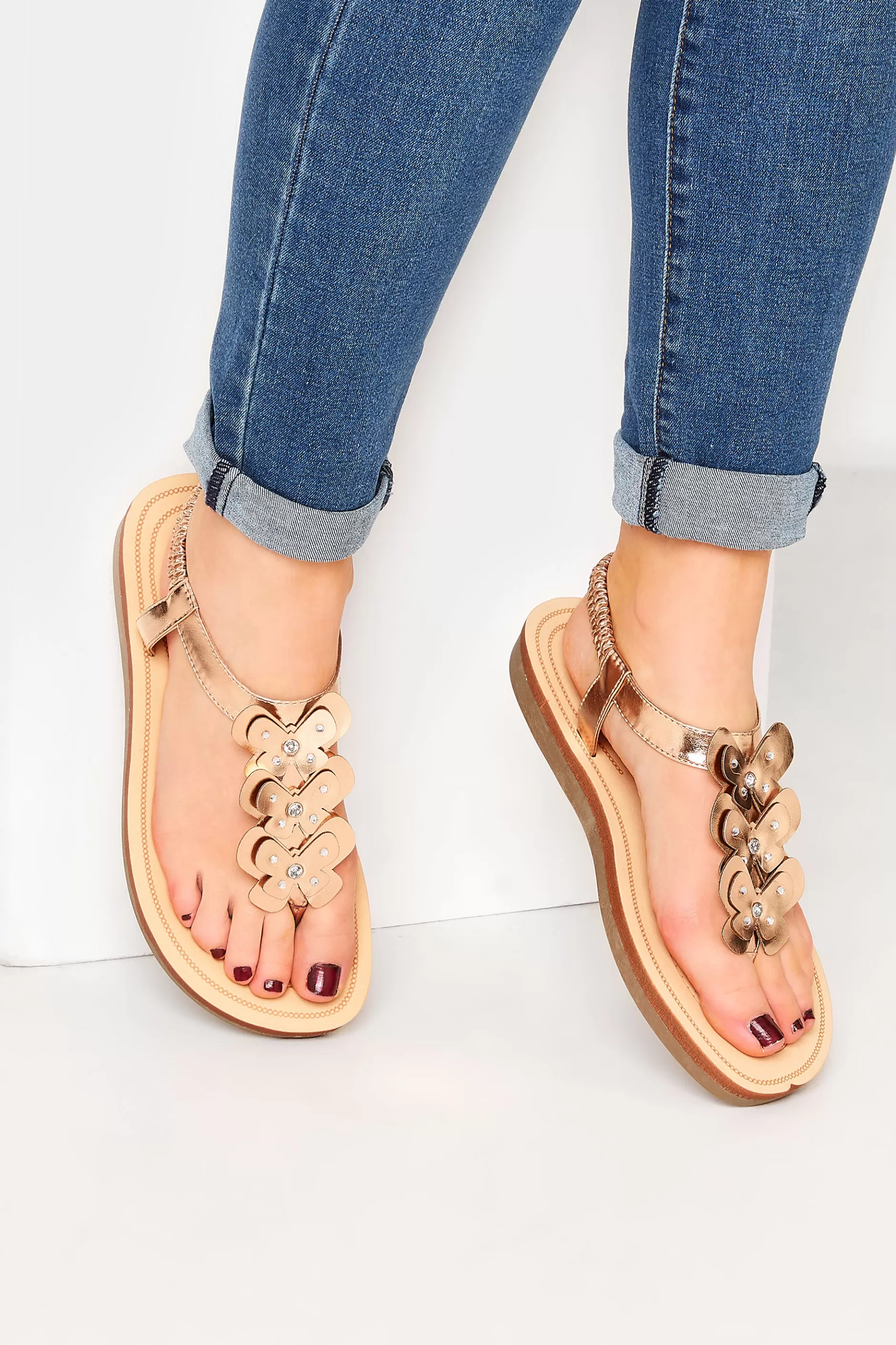 Women M&Co Flat Shoes>Yours Yours Rose Gold Diamante Butterfly Sandals In Extra Wide Eee Fit