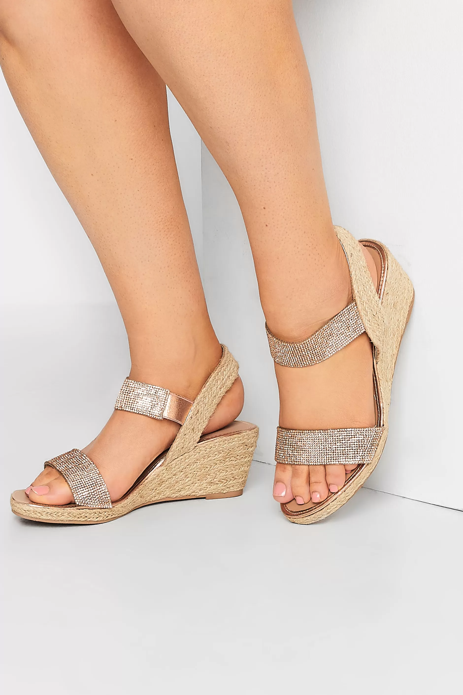 Women M&Co Sandals>Yours Yours Rose Gold Diamante Embellished Espadrille Wedges In Wide E Fit & Extra Wide Eee Fit
