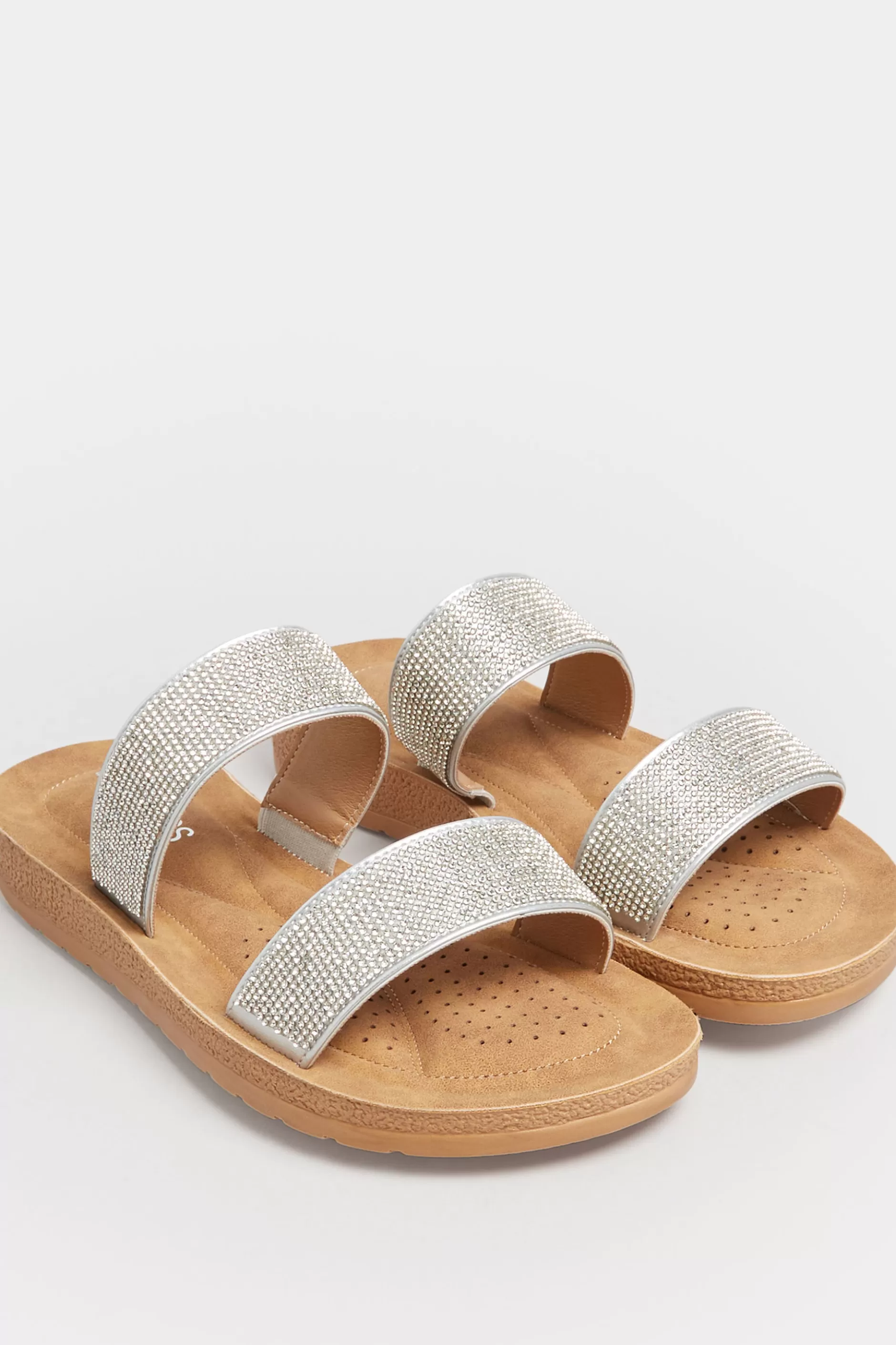 Women M&Co Mules & Sliders>Yours Yours Silver & Brown Glitter Strap Mule Sandals In Extra Wide Eee Fit