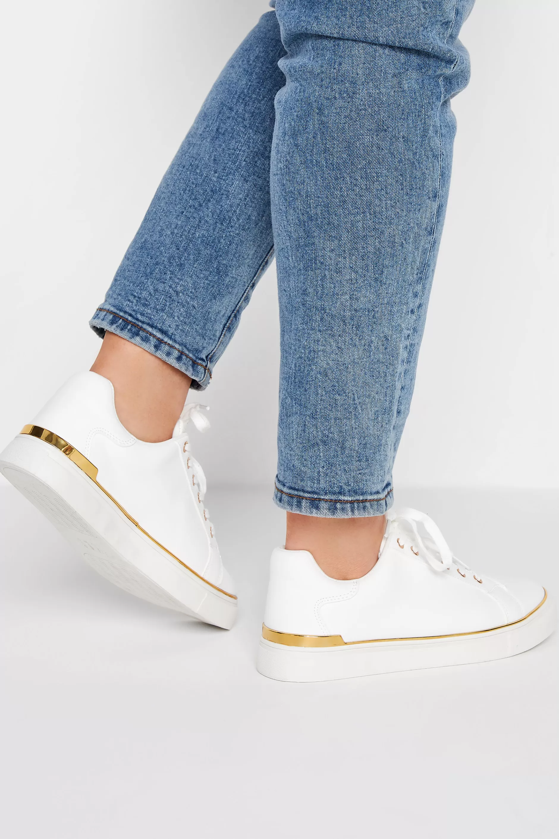 Women M&Co Flat Shoes>Yours Yours White & Gold Hardware Trainers In Extra Wide Eee Fit
