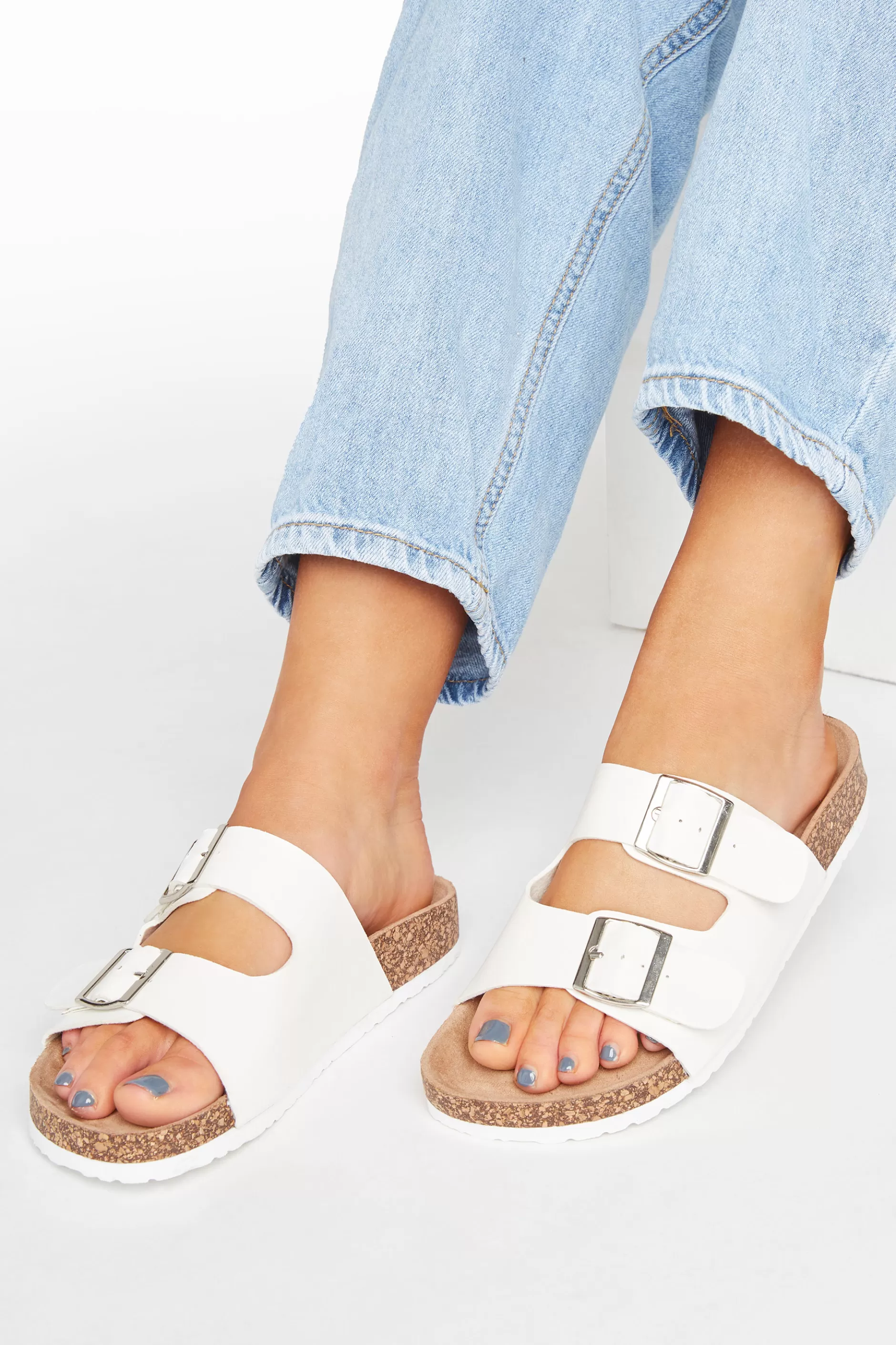 Women M&Co Flat Shoes>Yours Yours White Buckle Strap Footbed Sandals In Extra Wide Eee Fit