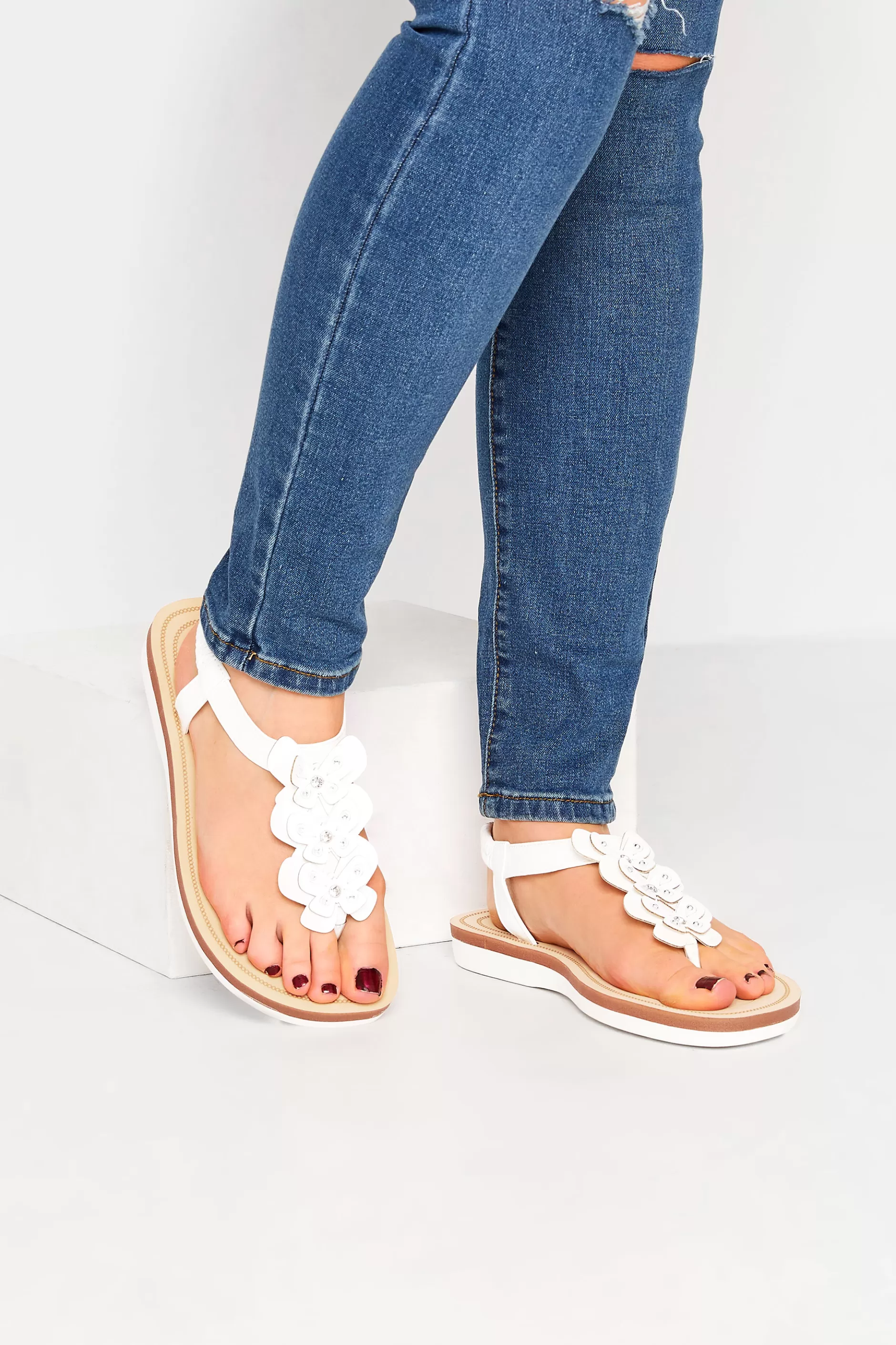 Women M&Co Flat Shoes>Yours Yours White Diamante Butterfly Sandals In Extra Wide Eee Fit