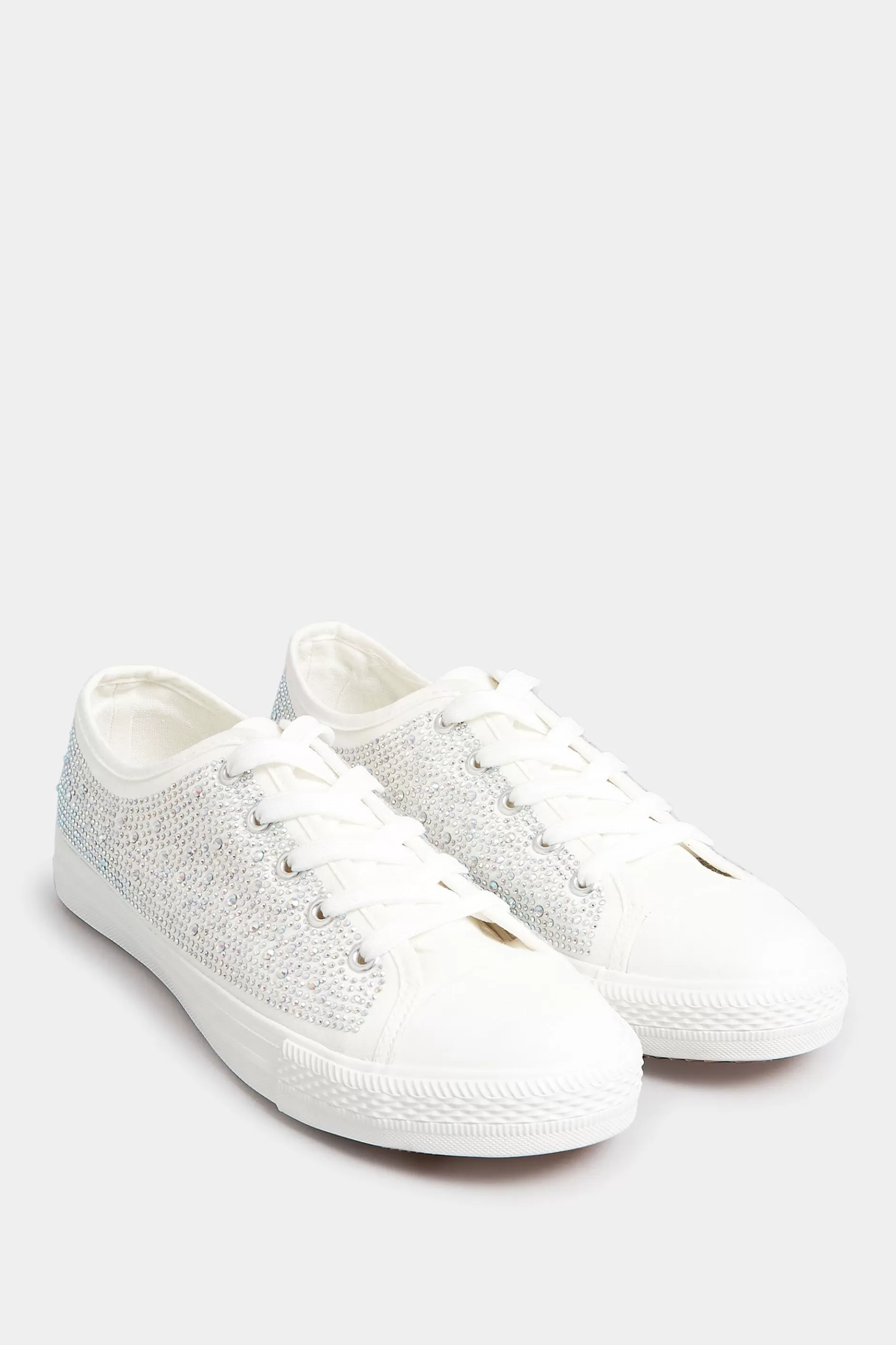 Women M&Co Flat Shoes>Yours Yours White Diamante Low Trainer In Wide E Fit
