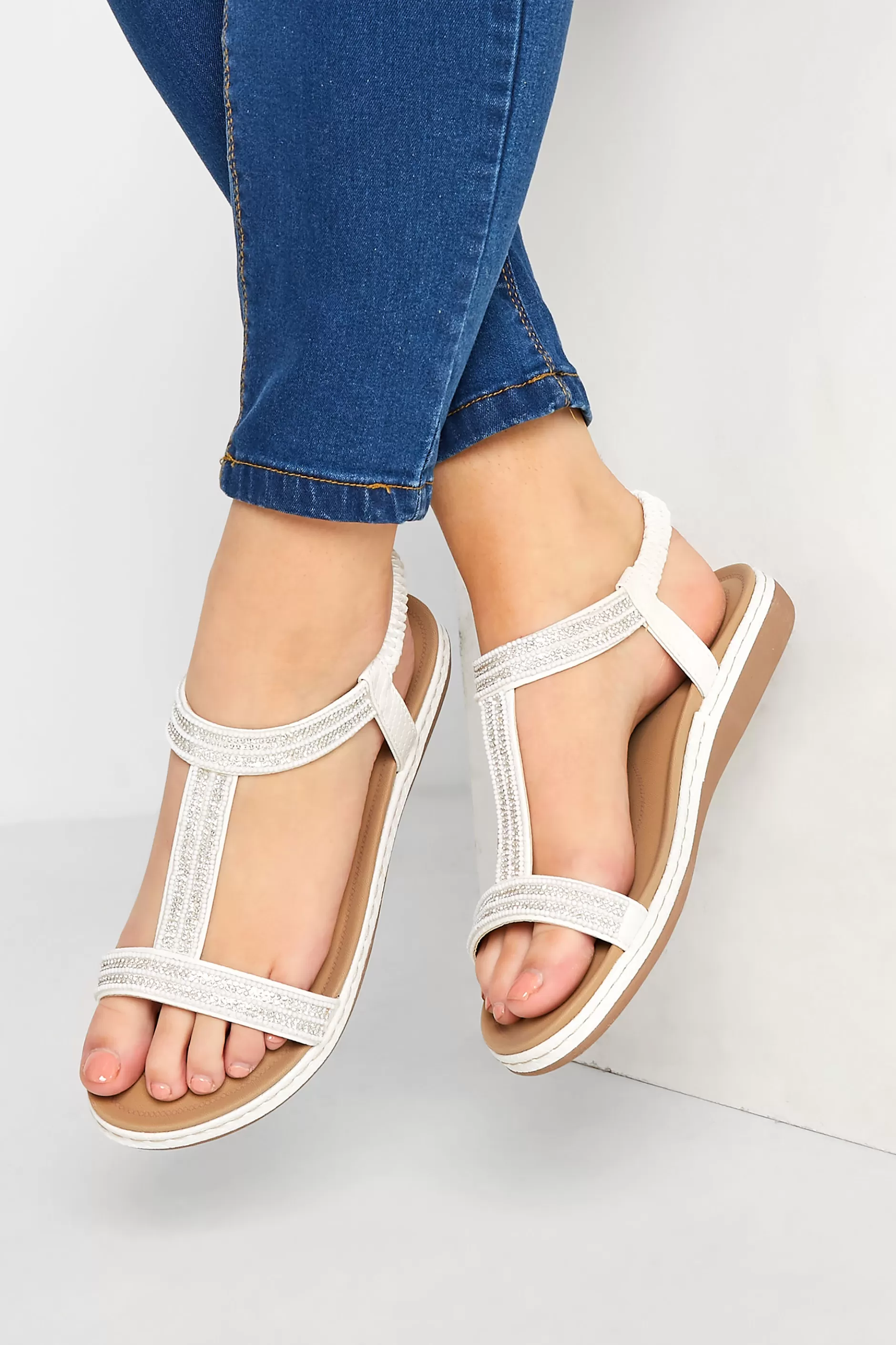 Women M&Co Flat Shoes>Yours Yours White Diamante Strap Sandals In Wide E Fit & Extra Wide Eee Fit