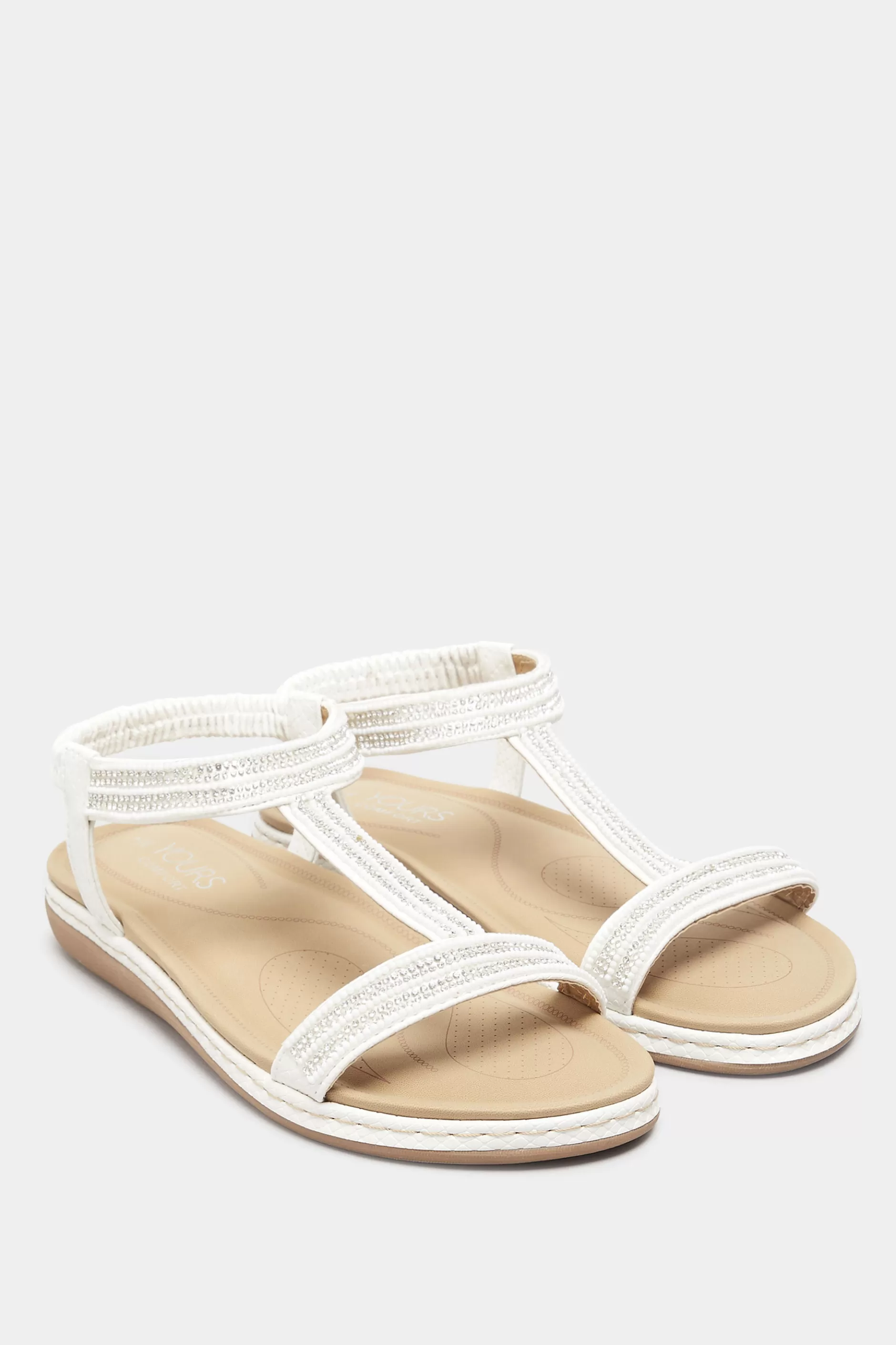 Women M&Co Flat Shoes>Yours Yours White Diamante Strap Sandals In Wide E Fit & Extra Wide Eee Fit
