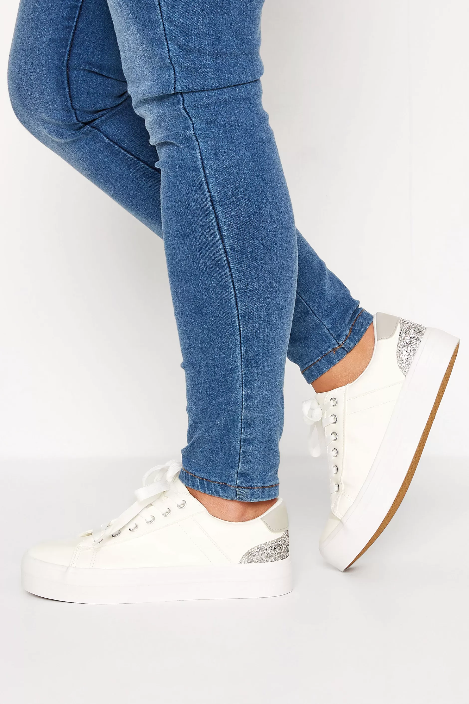 Women M&Co Flat Shoes>Yours Yours White Glitter Detail Trainers In Wide E Fit