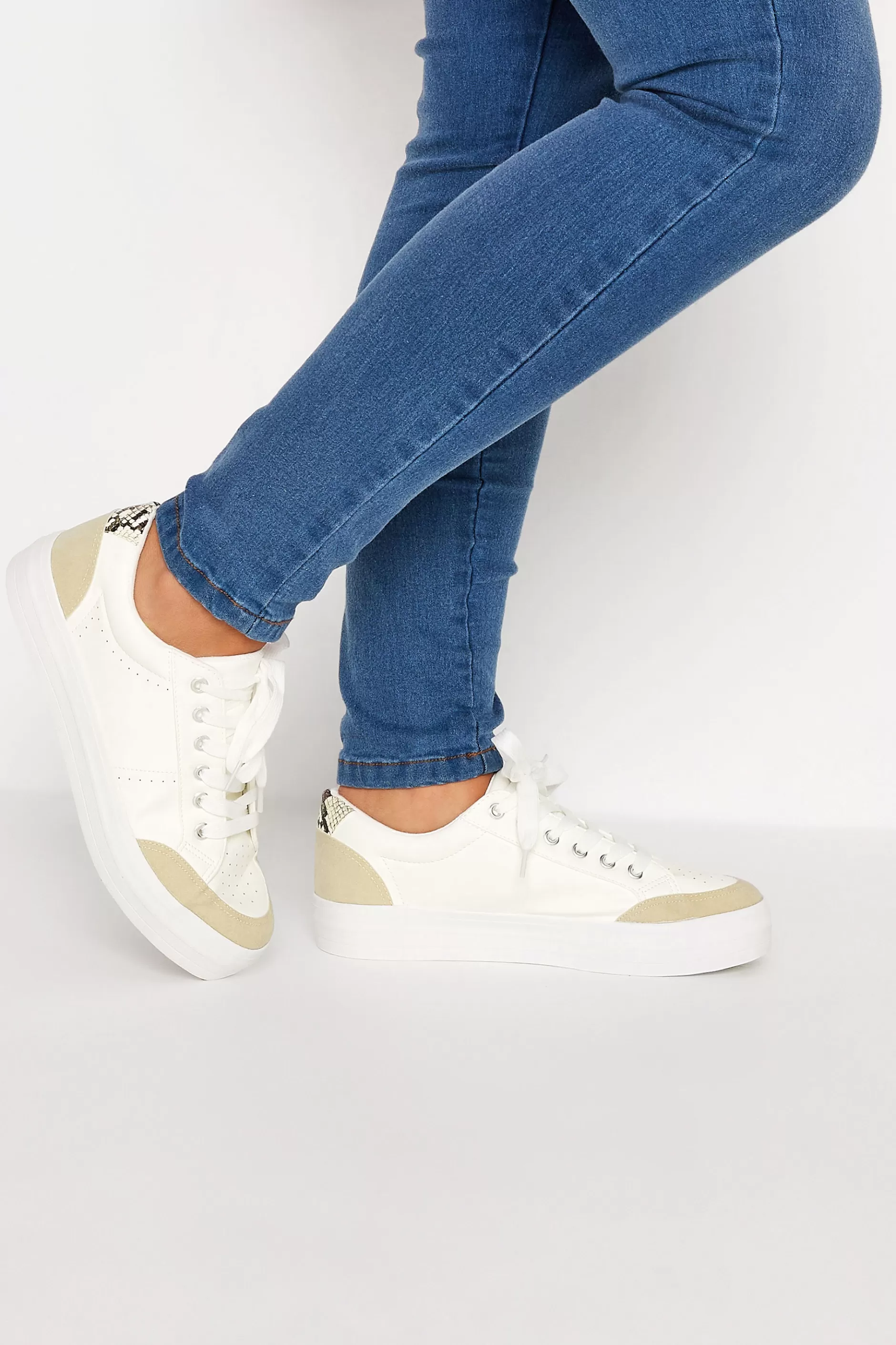 Women M&Co Flat Shoes>Yours Yours White Snake Print Trainers In Wide E Fit
