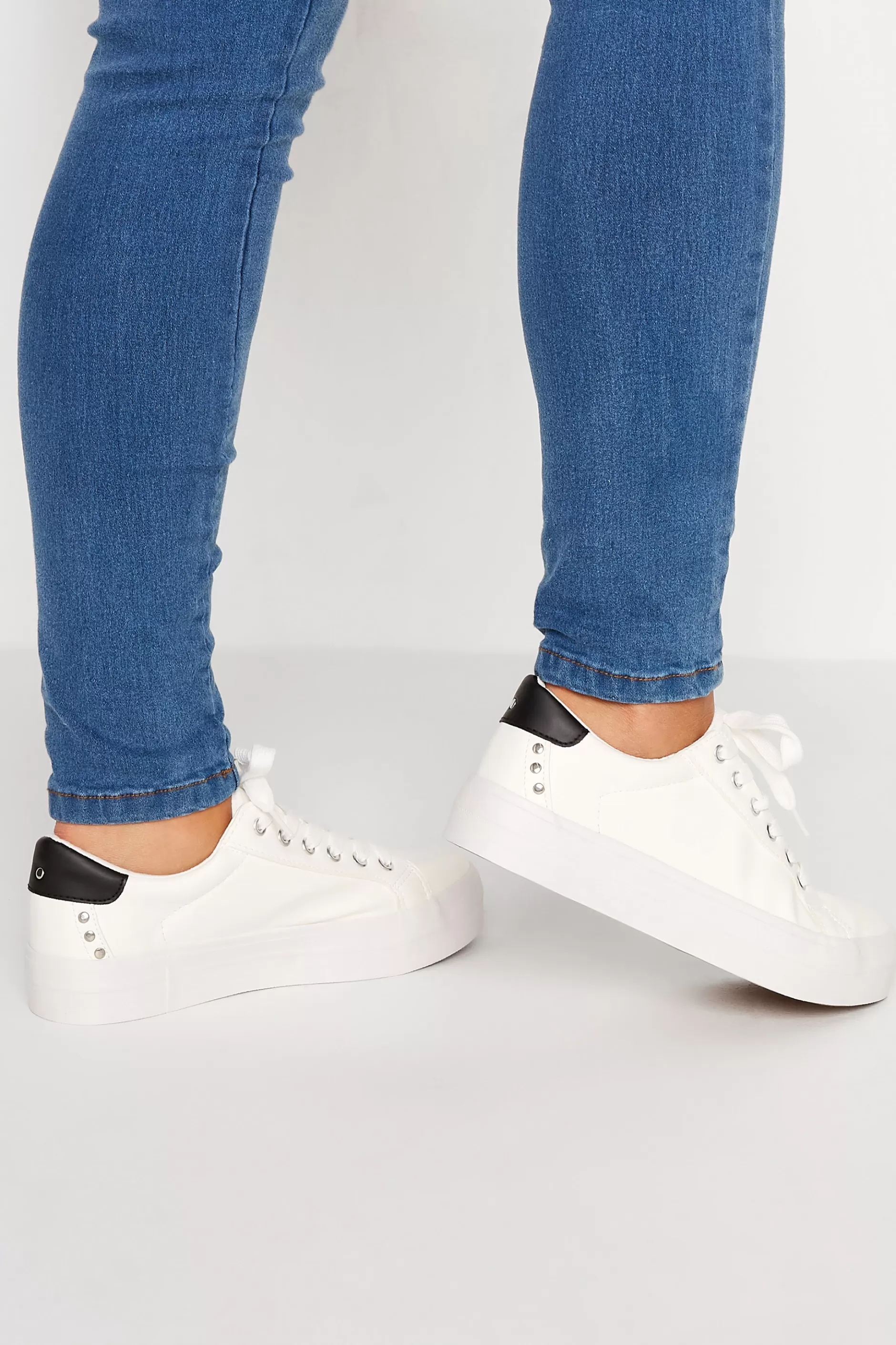 Women M&Co Flat Shoes>Yours Yours White Studded Detail Trainers In Wide E Fit